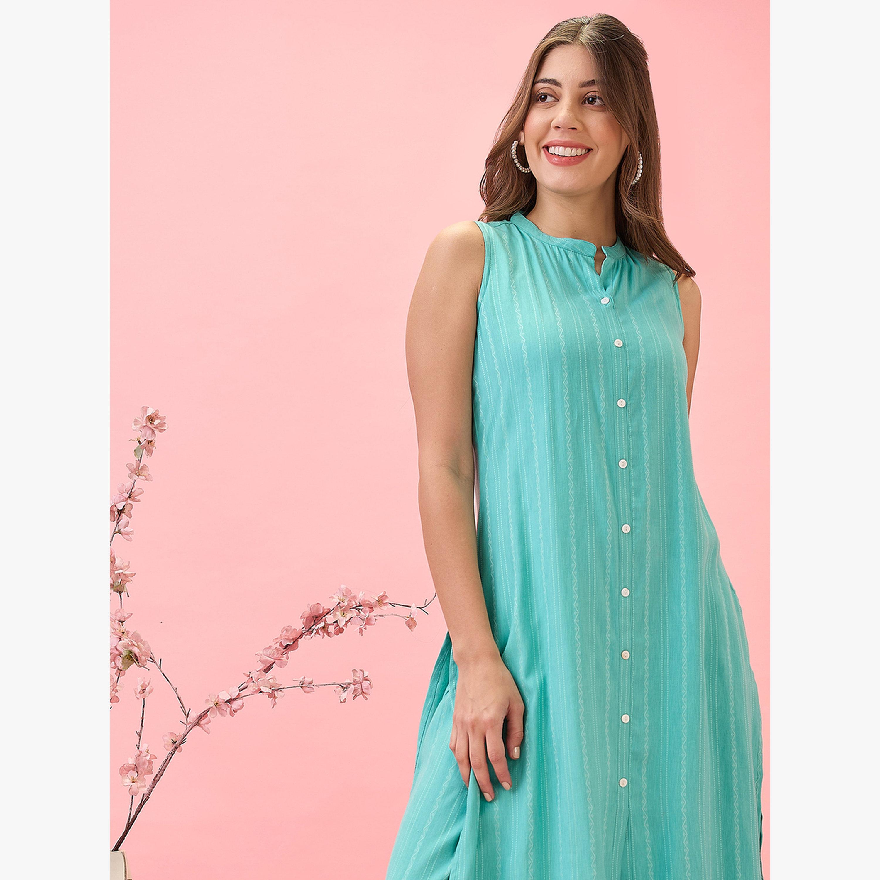 Globus X Styli Mandarin Collar Front Slit A-Line Kurta and Pants Workwear Set-women-clothing-ethnicwear-kurtasets-image-6