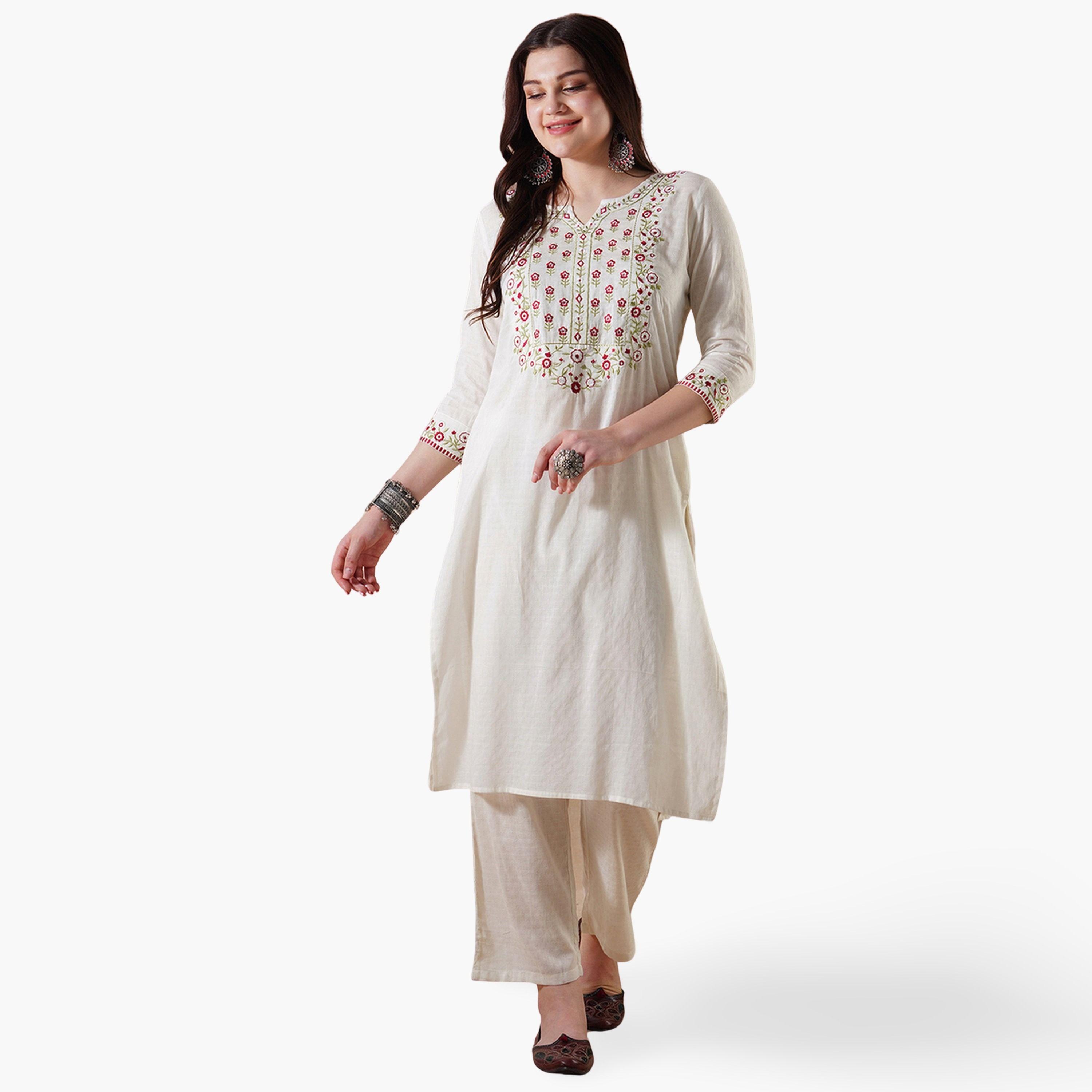 Globus X Styli Floral Embroidered Yoke Straight Kurta and Pants Festive Set-women-clothing-ethnicwear-kurtasets-image-1