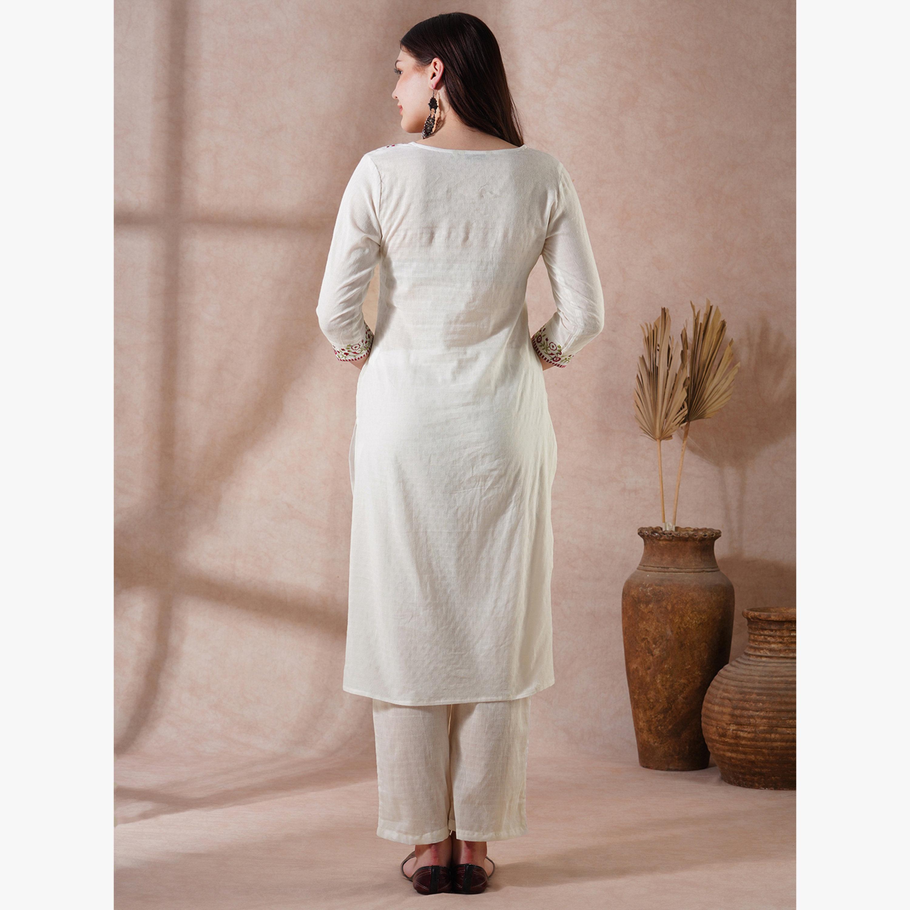 Globus X Styli Floral Embroidered Yoke Straight Kurta and Pants Festive Set-women-clothing-ethnicwear-kurtasets-image-3