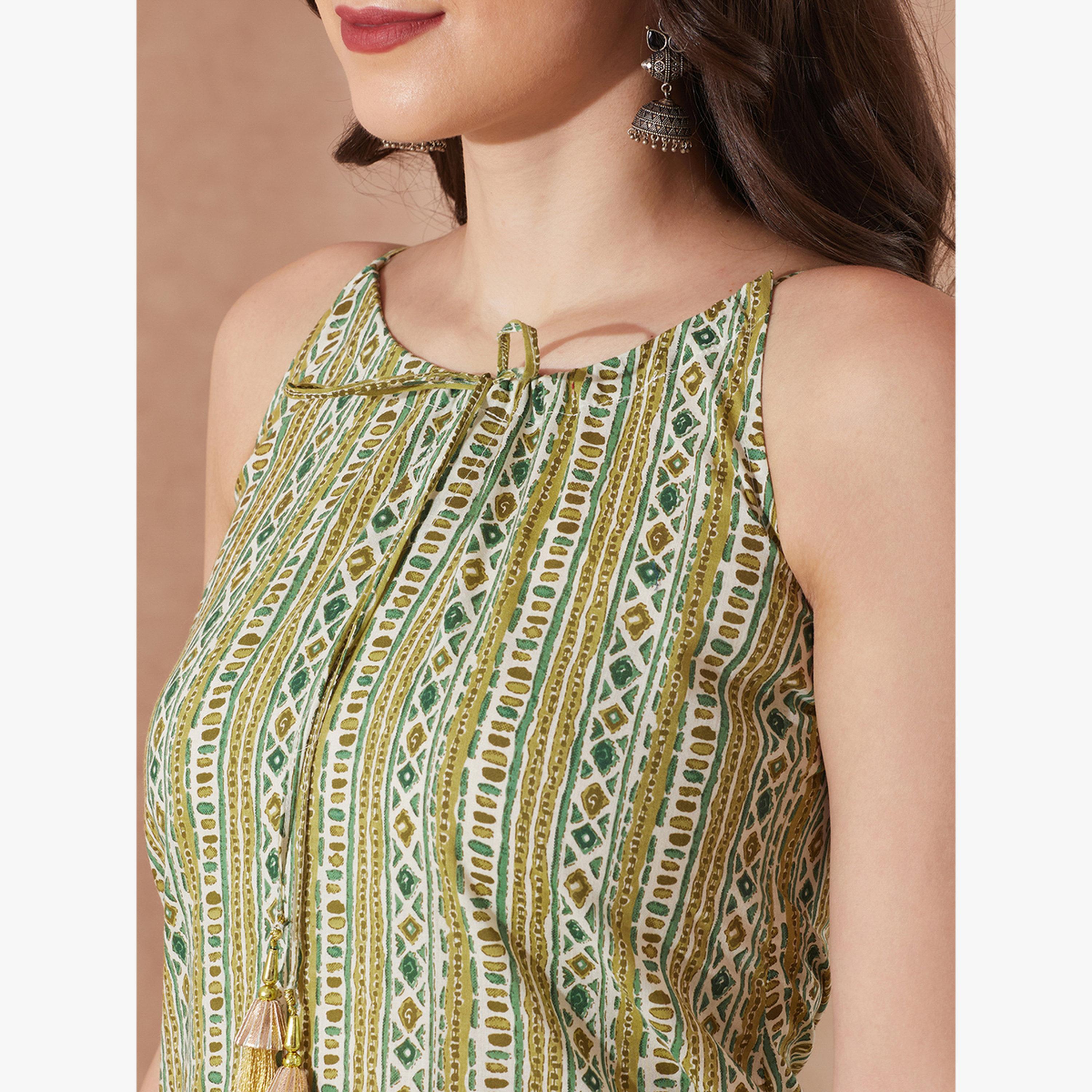 طقم كورتا مستقيمة بطبعة عرقية مزينة بشراريب مع بنطال-women-clothing-ethnicwear-kurtasets-image-4