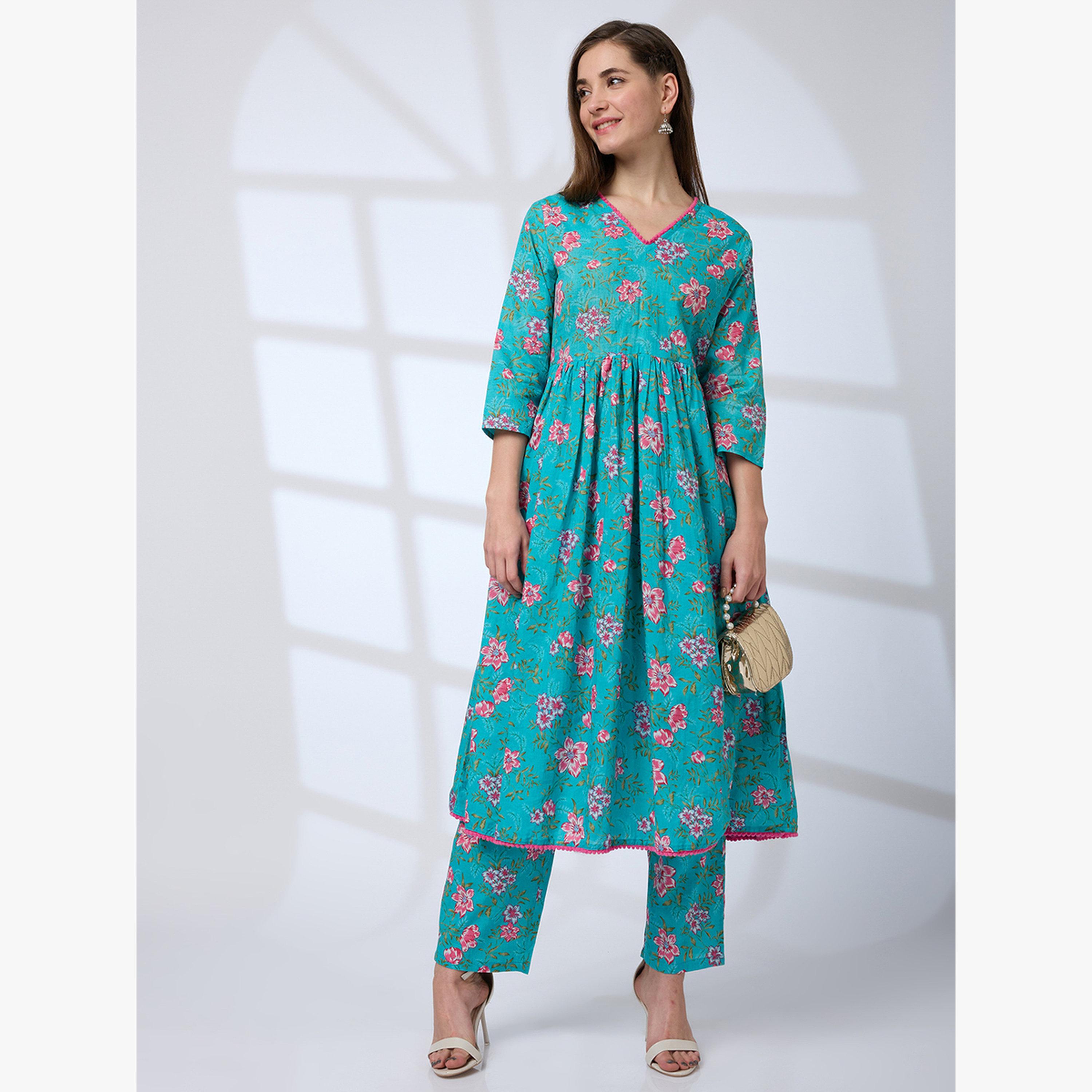 Globus X Styli Pom Pom Lace Floral Print A-Line Kurta and Pants Workwear Set-women-clothing-ethnicwear-kurtasets-image-1