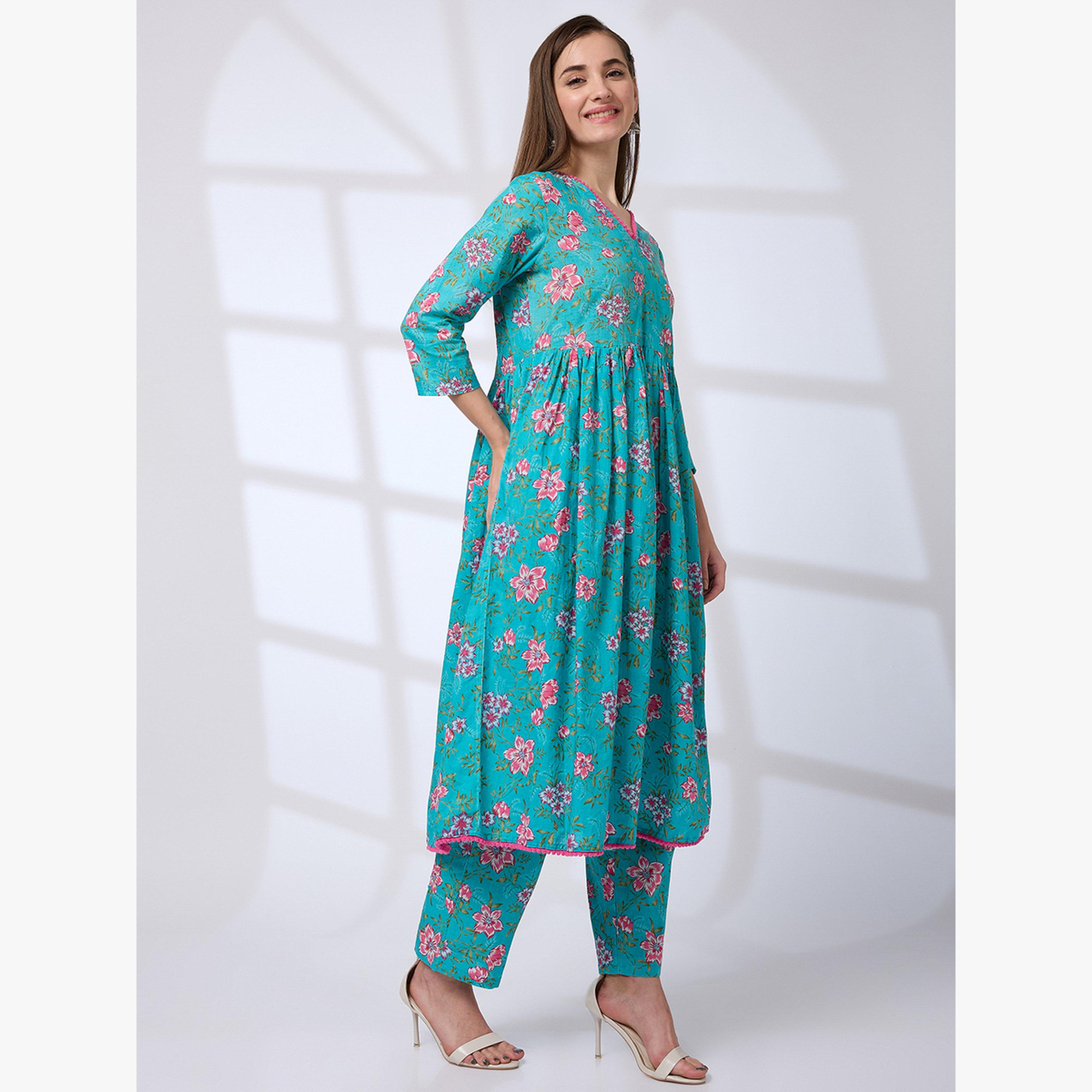 Globus X Styli Pom Pom Lace Floral Print A-Line Kurta and Pants Workwear Set-women-clothing-ethnicwear-kurtasets-image-2
