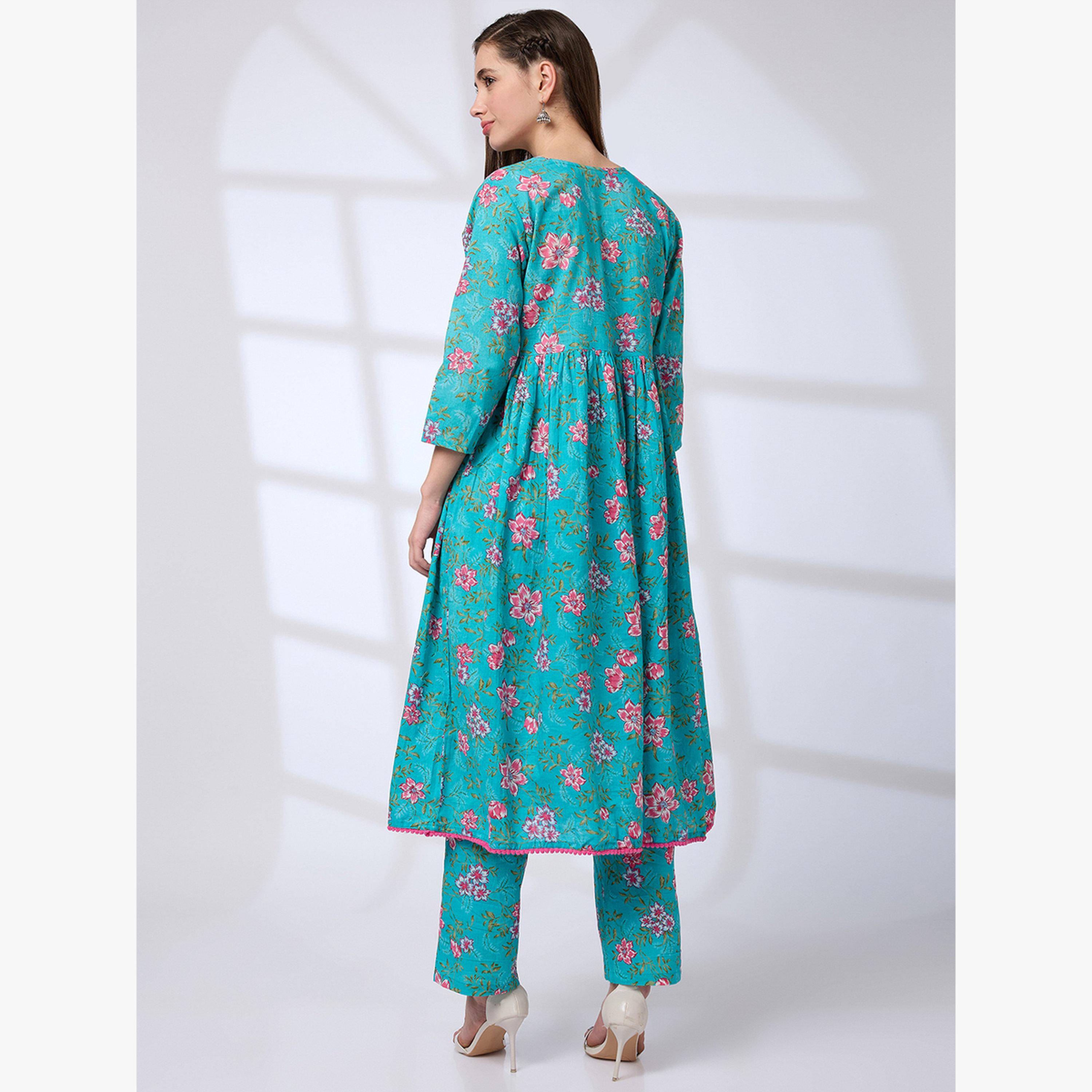 Globus X Styli Pom Pom Lace Floral Print A-Line Kurta and Pants Workwear Set-women-clothing-ethnicwear-kurtasets-image-3