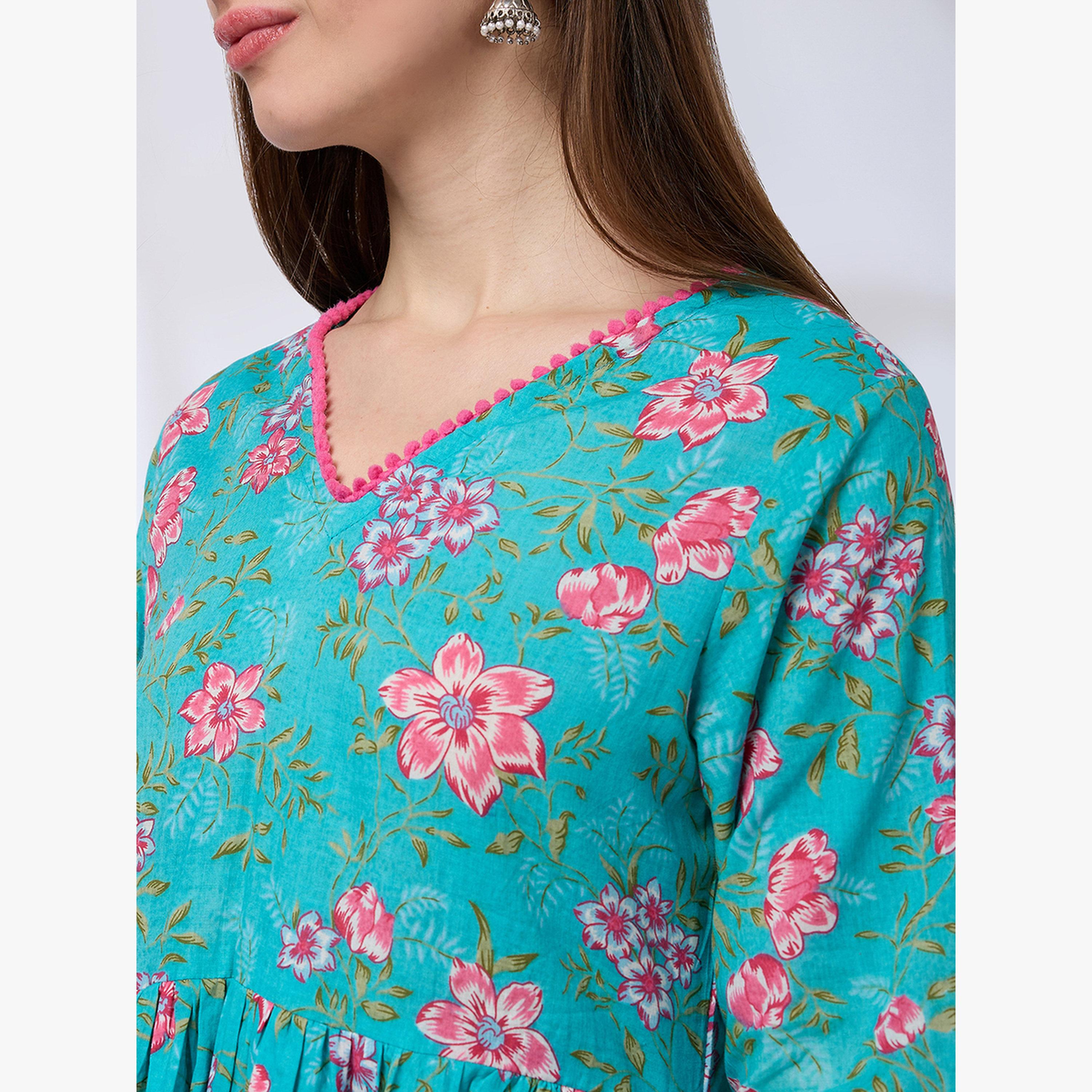 Globus X Styli Pom Pom Lace Floral Print A-Line Kurta and Pants Workwear Set-women-clothing-ethnicwear-kurtasets-image-4