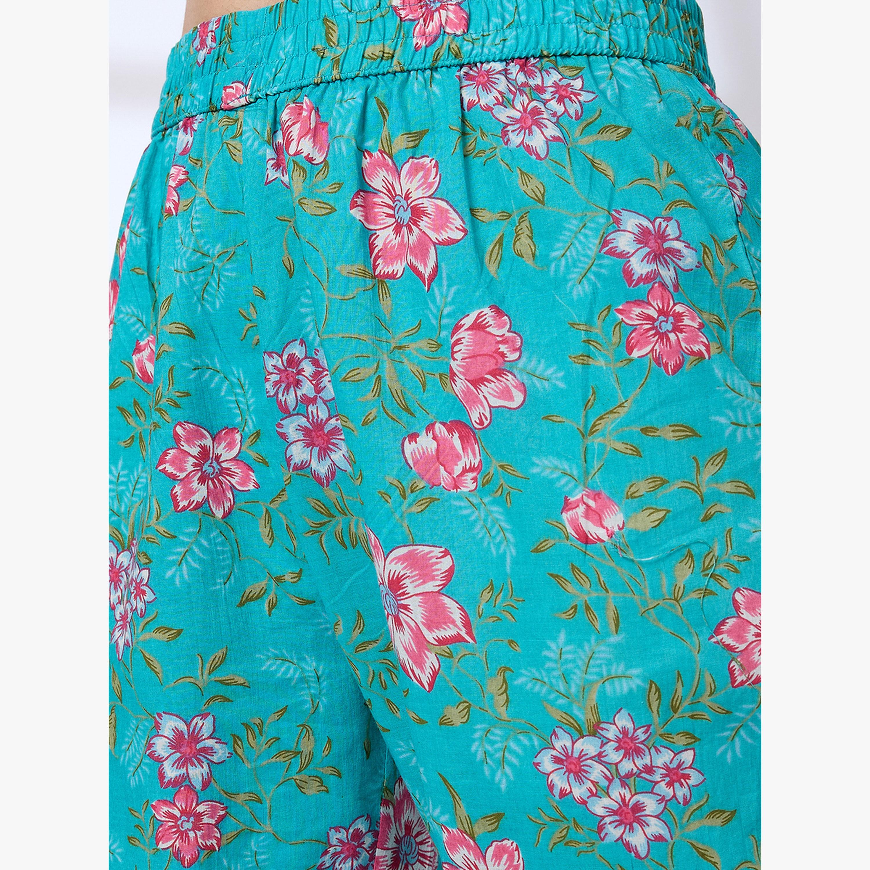Globus X Styli Pom Pom Lace Floral Print A-Line Kurta and Pants Workwear Set-women-clothing-ethnicwear-kurtasets-image-5