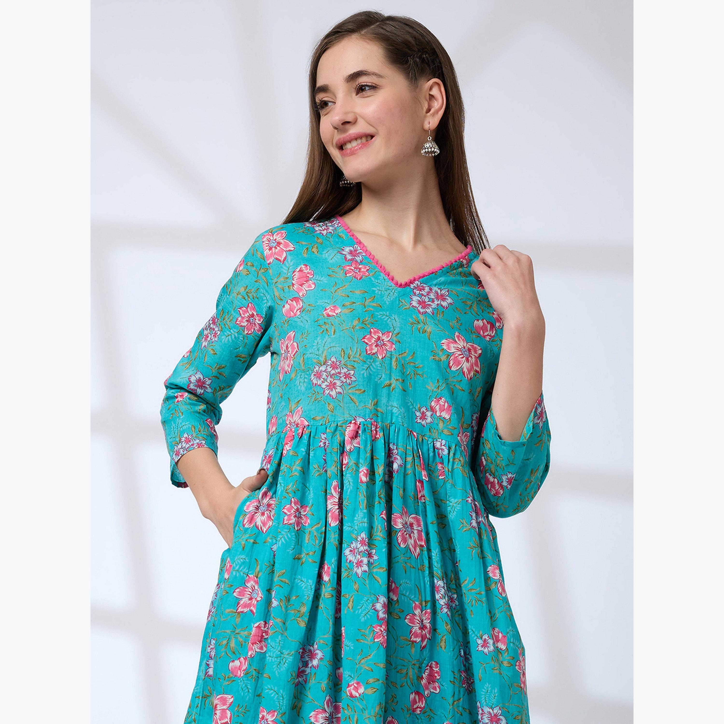 Globus X Styli Pom Pom Lace Floral Print A-Line Kurta and Pants Workwear Set-women-clothing-ethnicwear-kurtasets-image-6