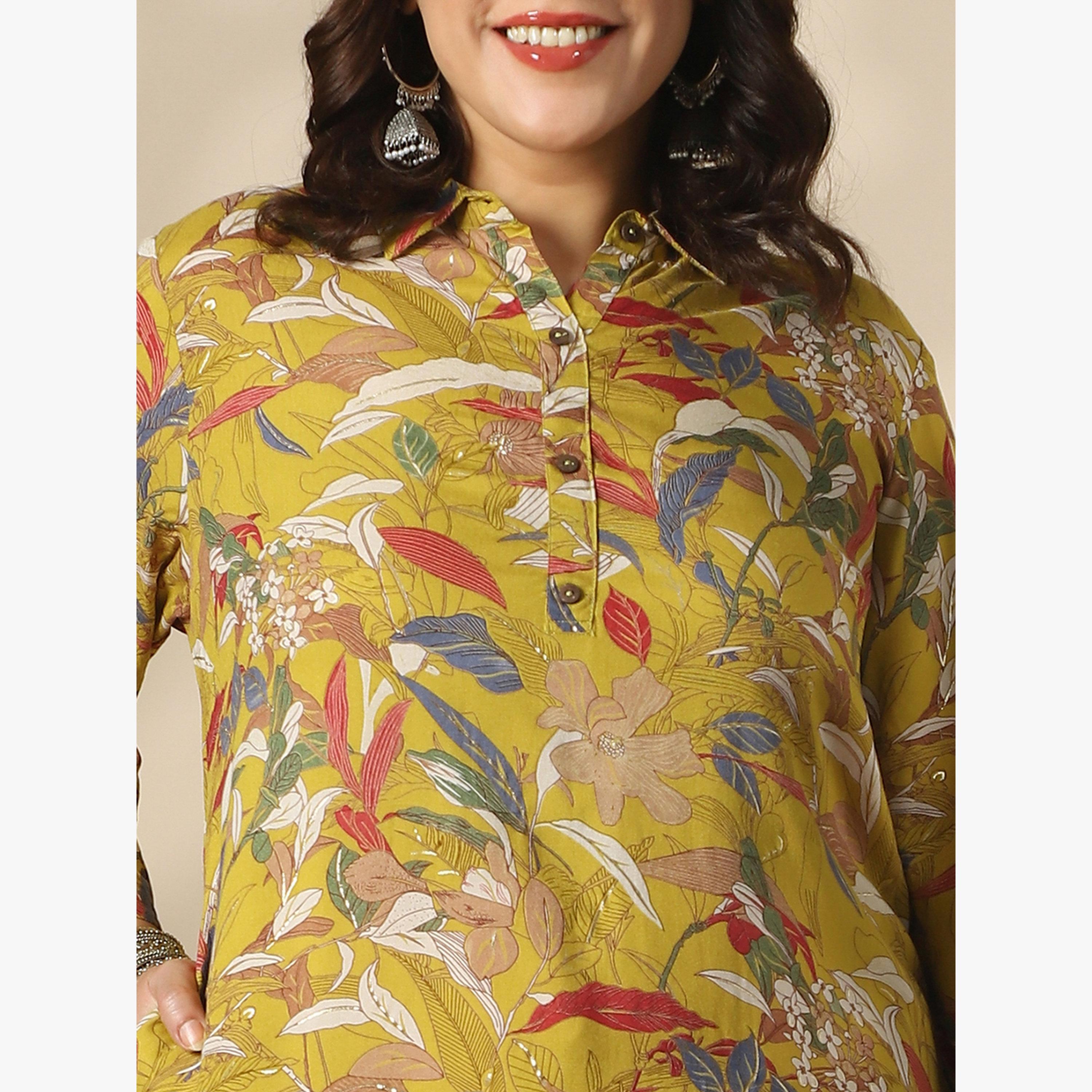 كورتا مستقيمة بمقاس كبير بياقة قميص بطبعة زهور ذهبية-women-clothing-ethnicwear-kurtas-image-4