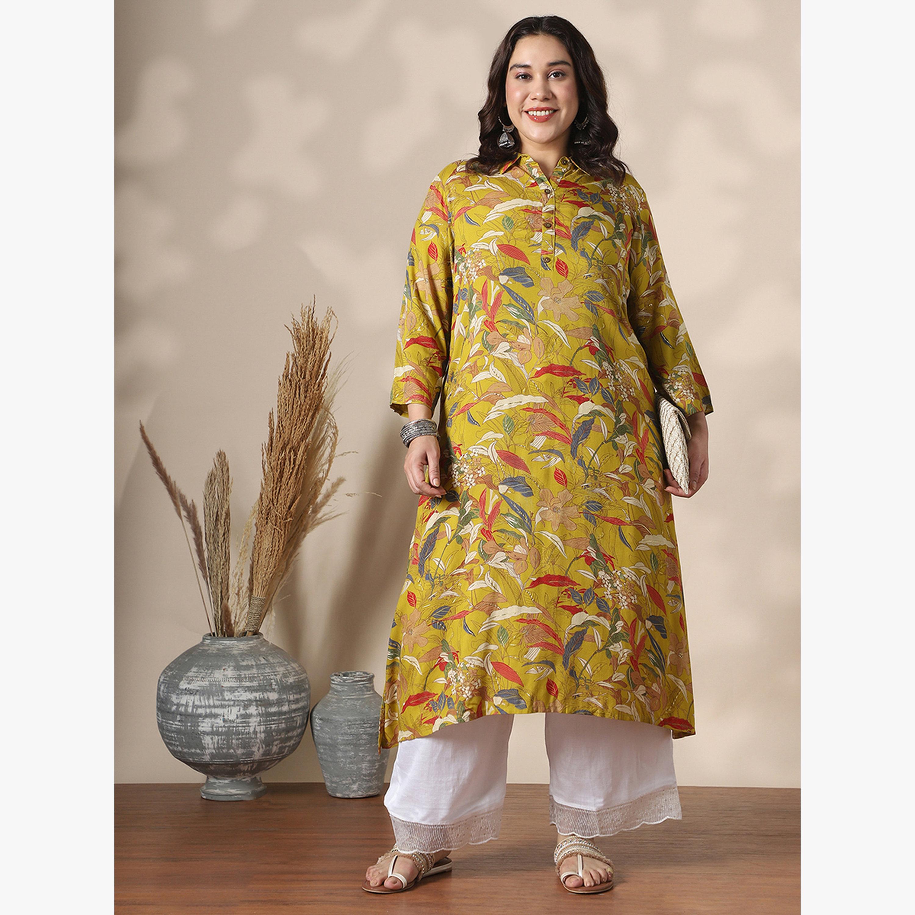 Globus X Styli Plus Size Shirt Collar Gold Foil Floral Print Straight Kurta-women-clothing-ethnicwear-kurtas-image-5