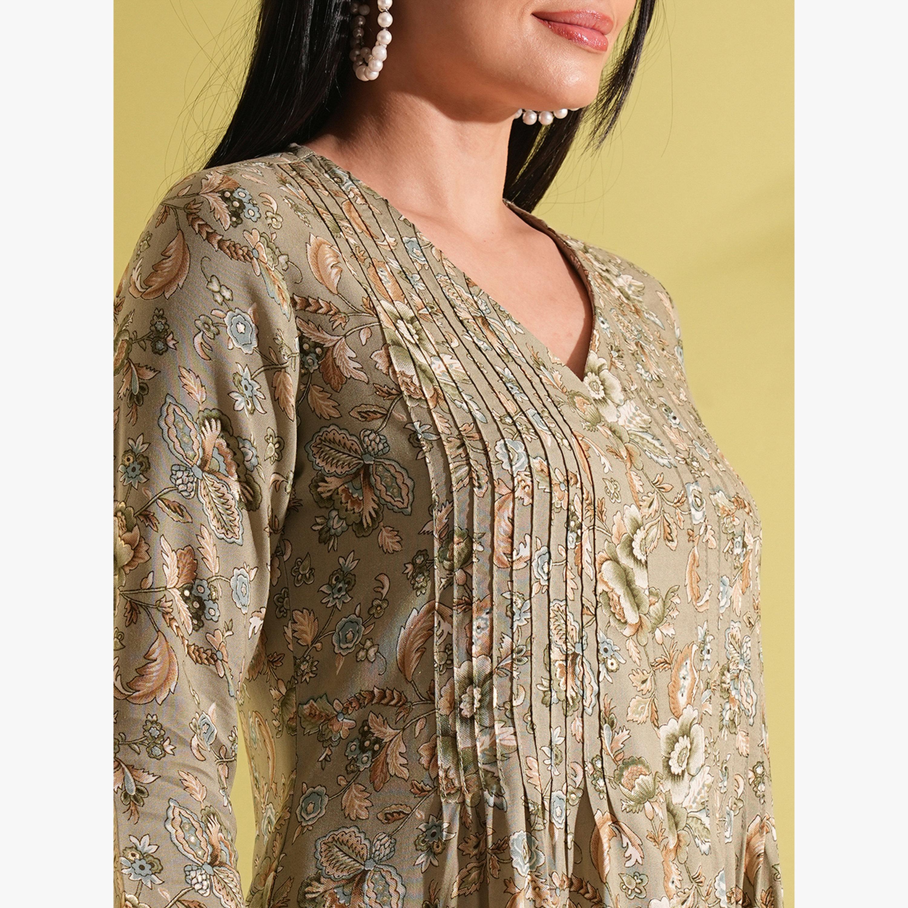 كورتا للعمل بحافة واسعة بطبعة زهور كاملة وفتحة أمامية بكسرات-women-clothing-ethnicwear-kurtas-image-4