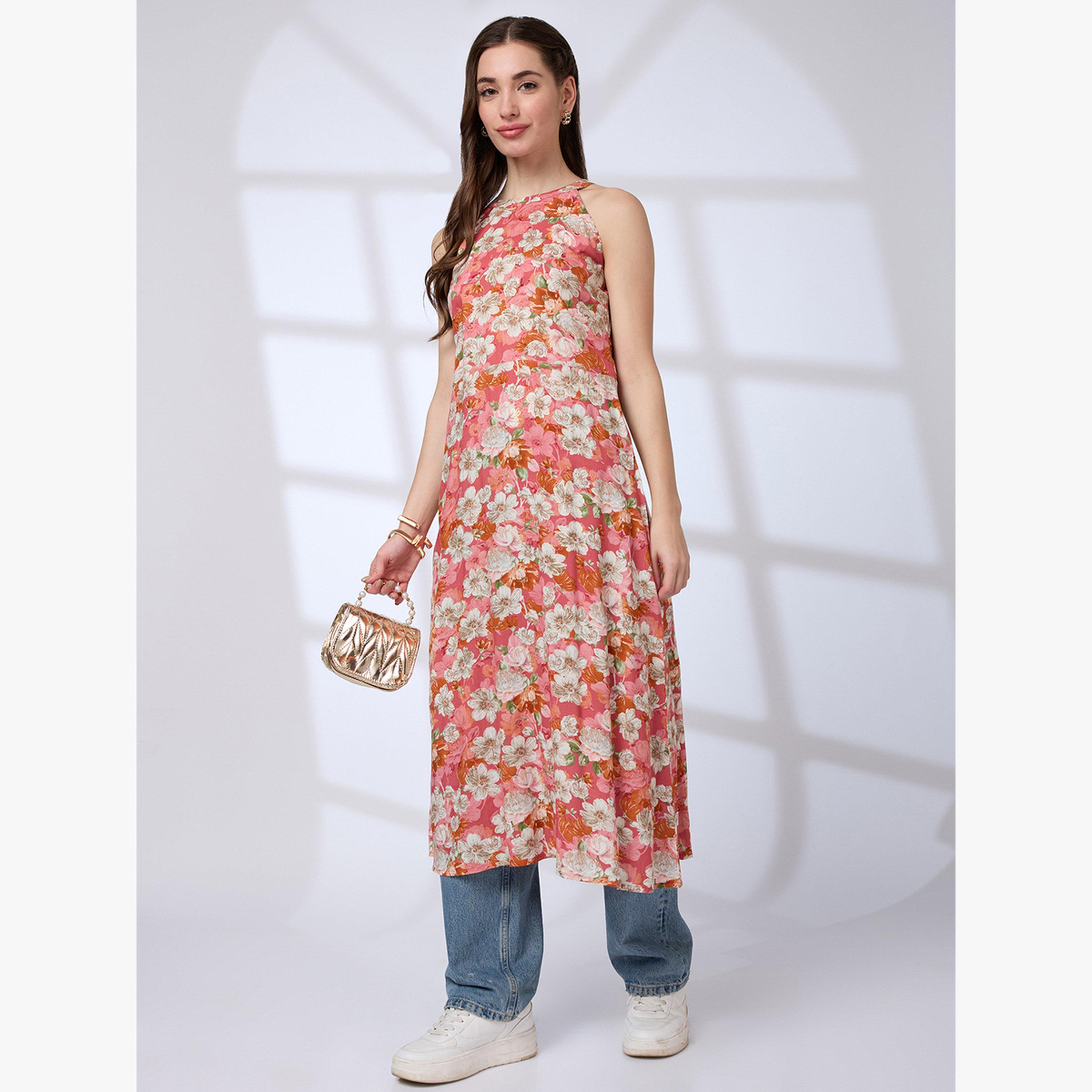 كورتا فيوجن بحافة واسعة بطبعة زهور وياقة مربوطة-women-clothing-ethnicwear-kurtas-image-1