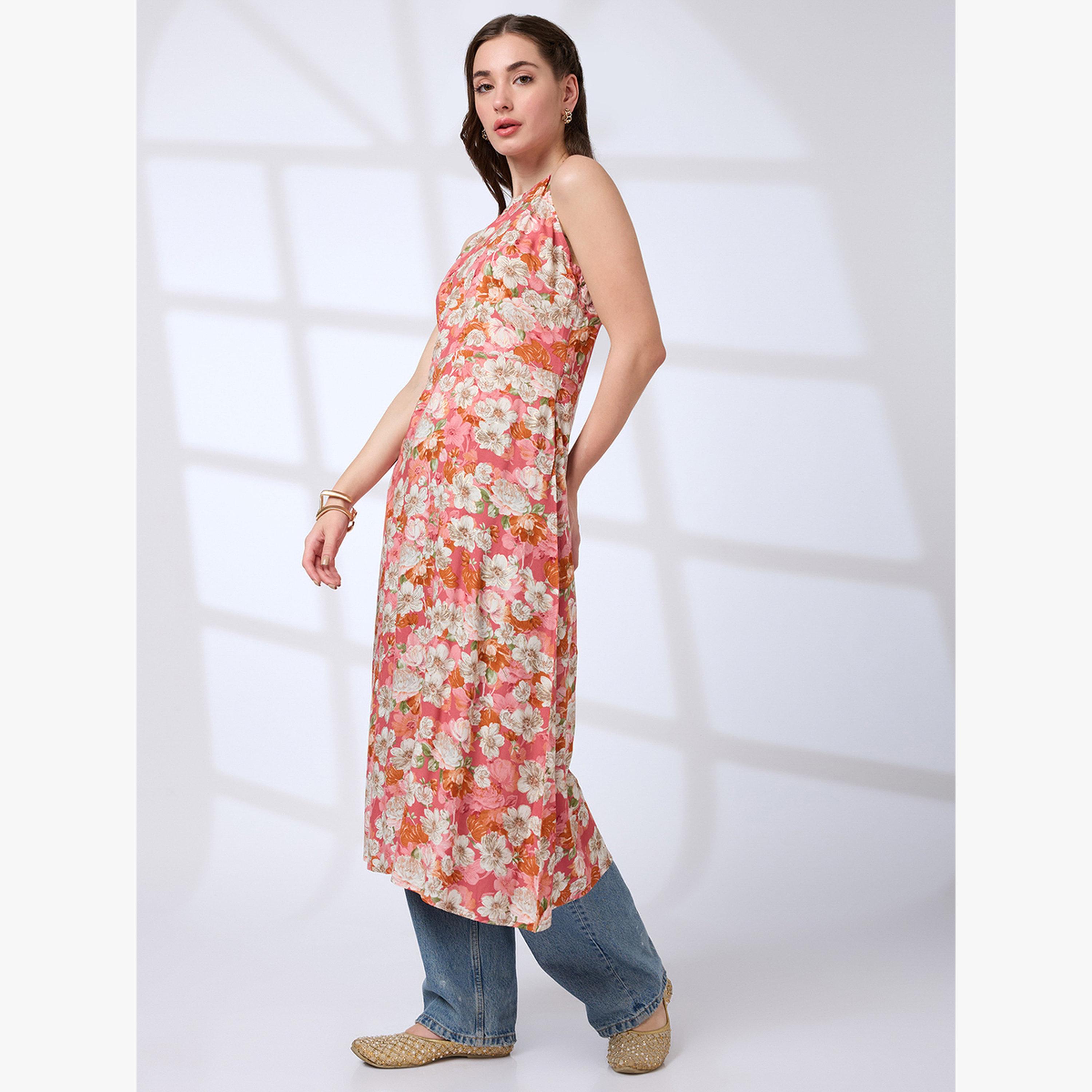 كورتا فيوجن بحافة واسعة بطبعة زهور وياقة مربوطة-women-clothing-ethnicwear-kurtas-image-2