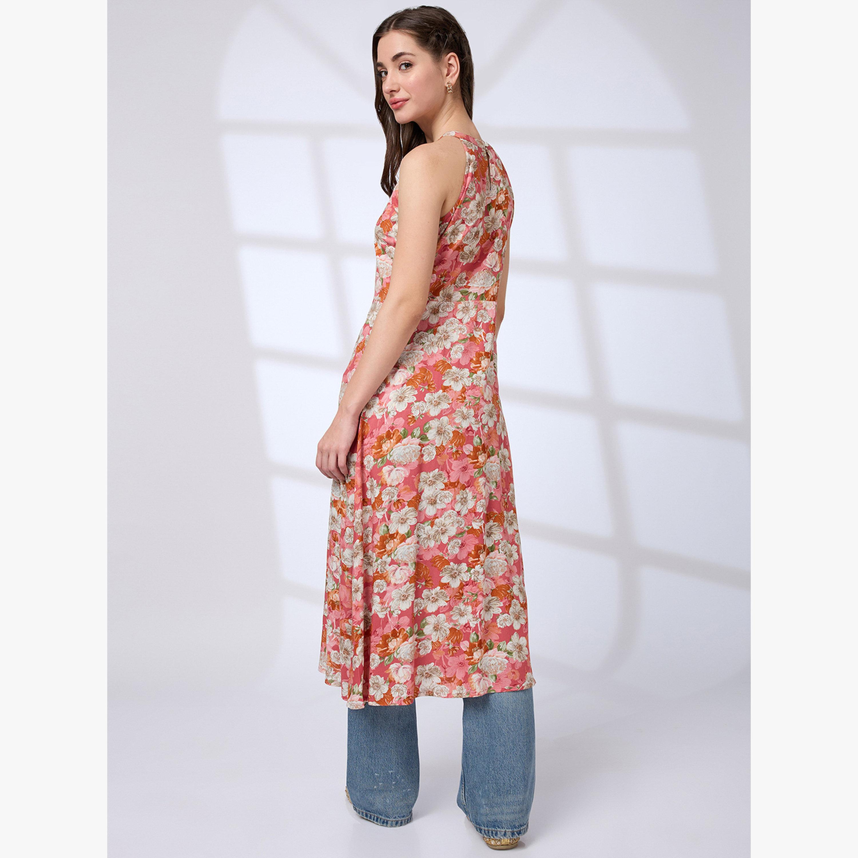 كورتا فيوجن بحافة واسعة بطبعة زهور وياقة مربوطة-women-clothing-ethnicwear-kurtas-image-3