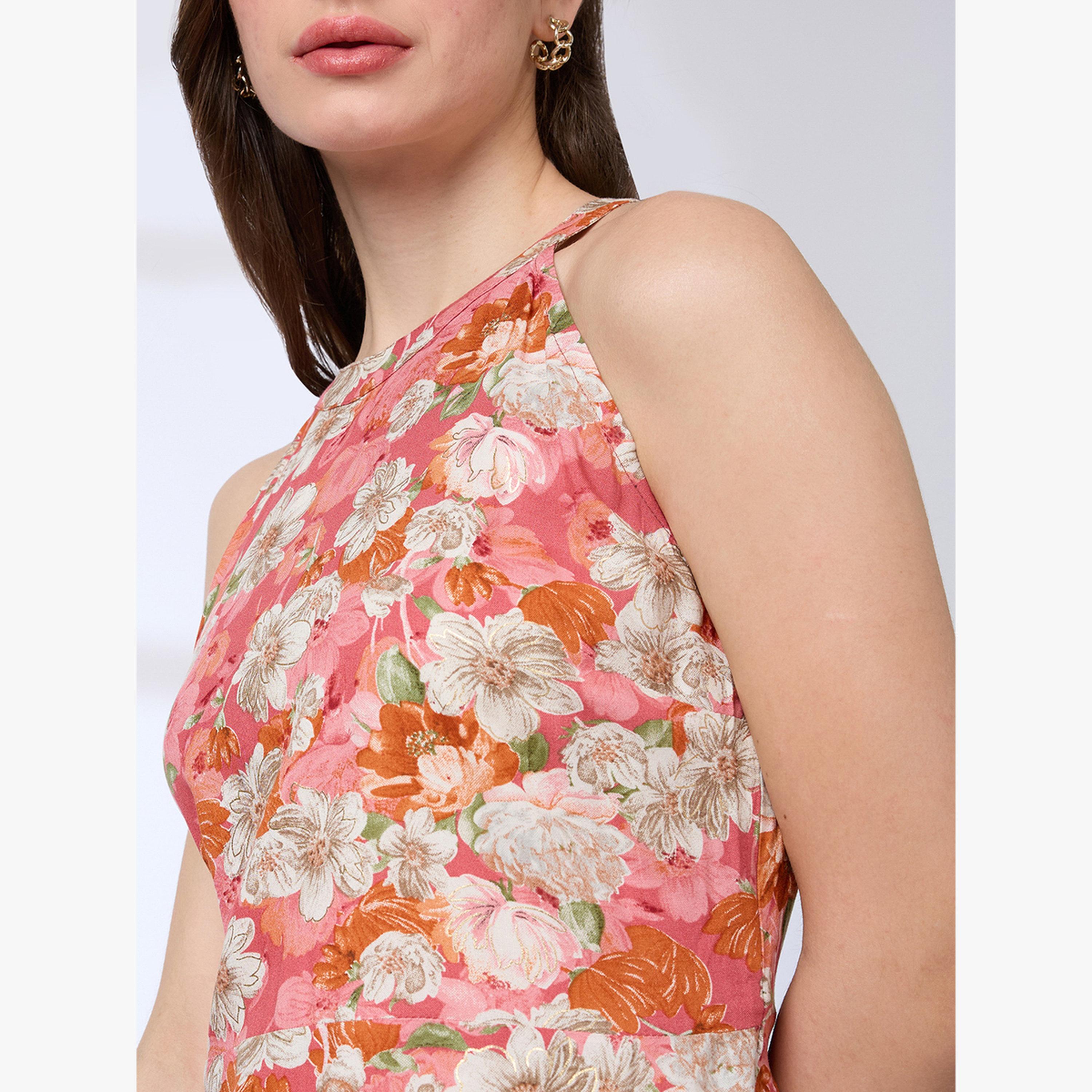 Globus X Styli Halter Neck Floral Print A-Line Fusion Kurta-women-clothing-ethnicwear-kurtas-image-4