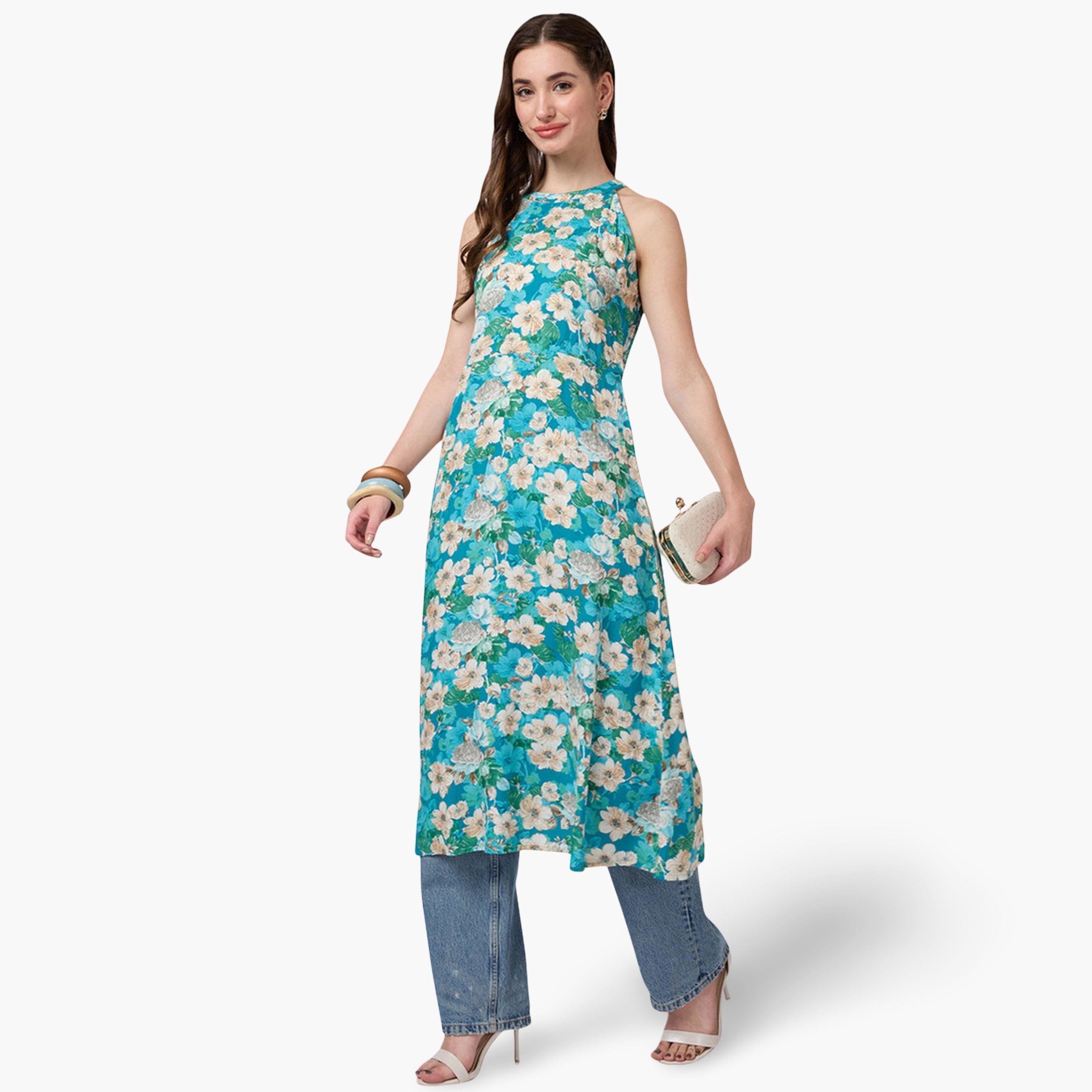 Globus X Styli Halter Neck Floral Print A-Line Fusion Kurta-women-clothing-ethnicwear-kurtas-image-1