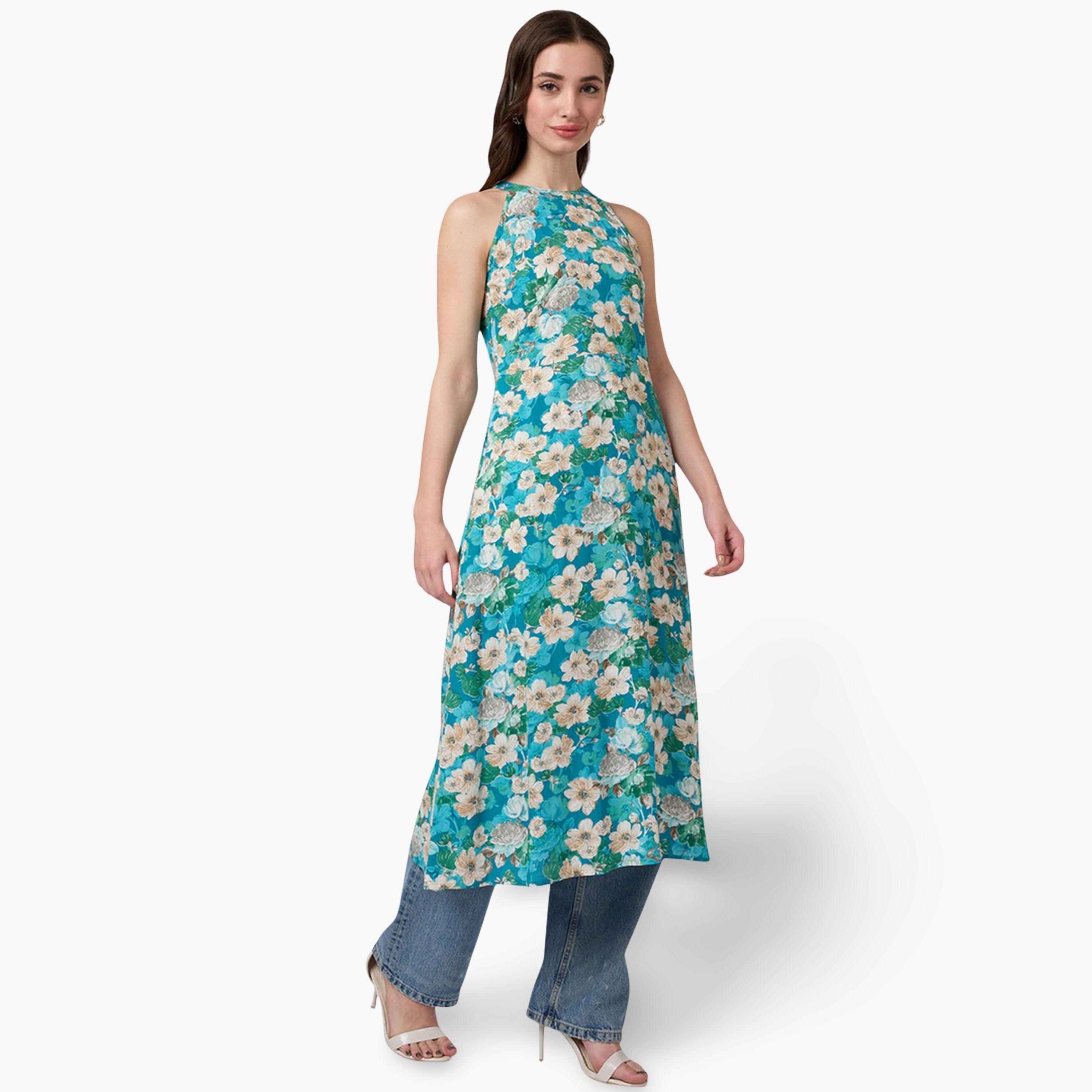 Globus X Styli Halter Neck Floral Print A-Line Fusion Kurta-women-clothing-ethnicwear-kurtas-image-2