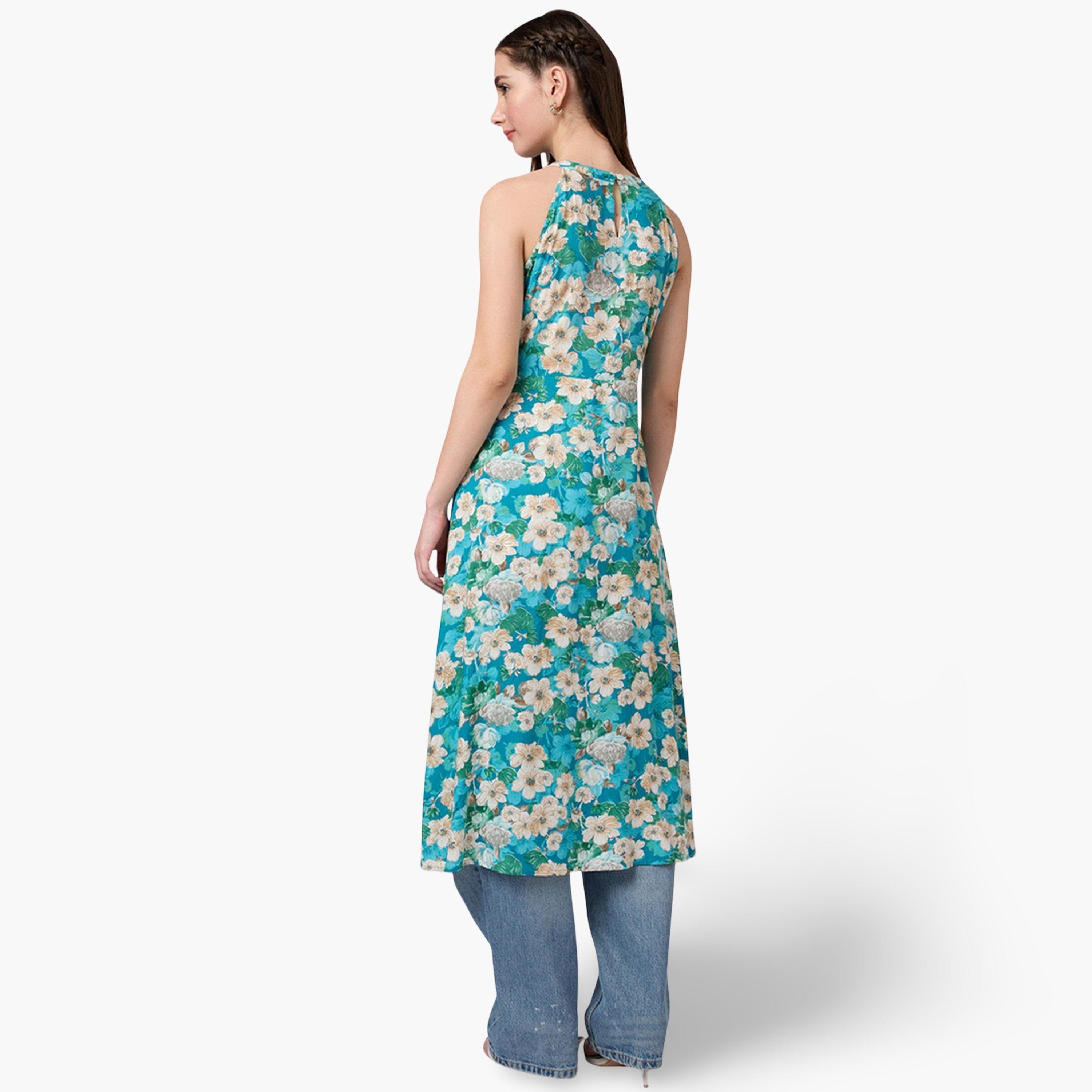 Globus X Styli Halter Neck Floral Print A-Line Fusion Kurta-women-clothing-ethnicwear-kurtas-image-3