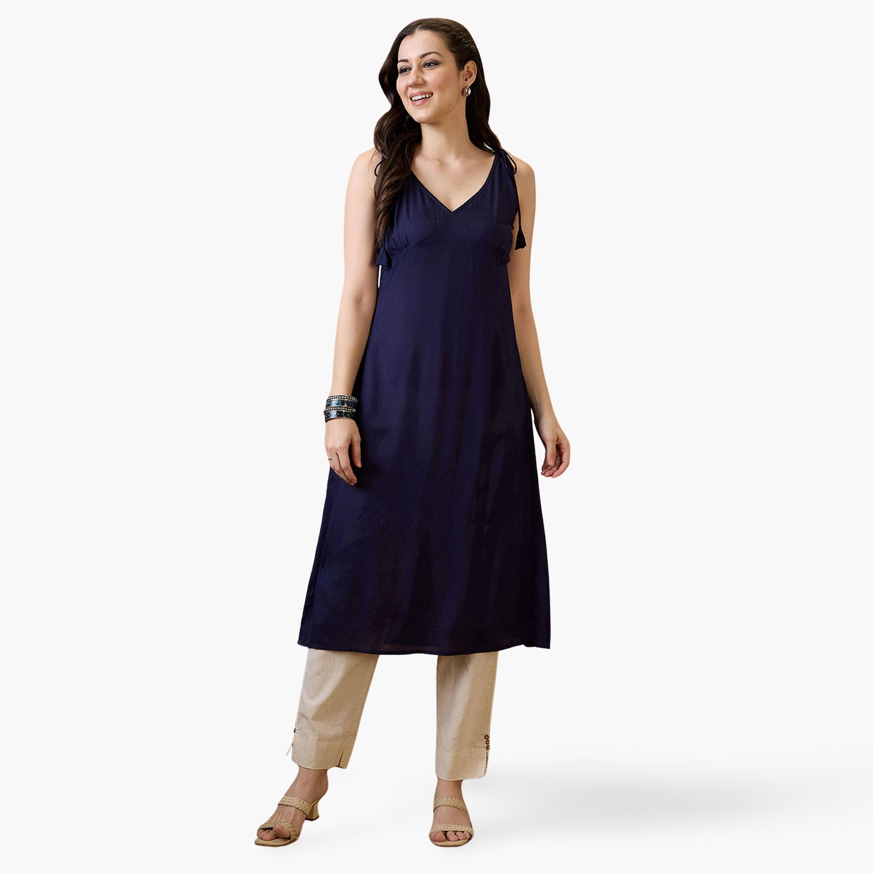 كورتا فيوجن بحافة واسعة بياقة هولتر بنسيج محبوك-women-clothing-ethnicwear-kurtas-image-1