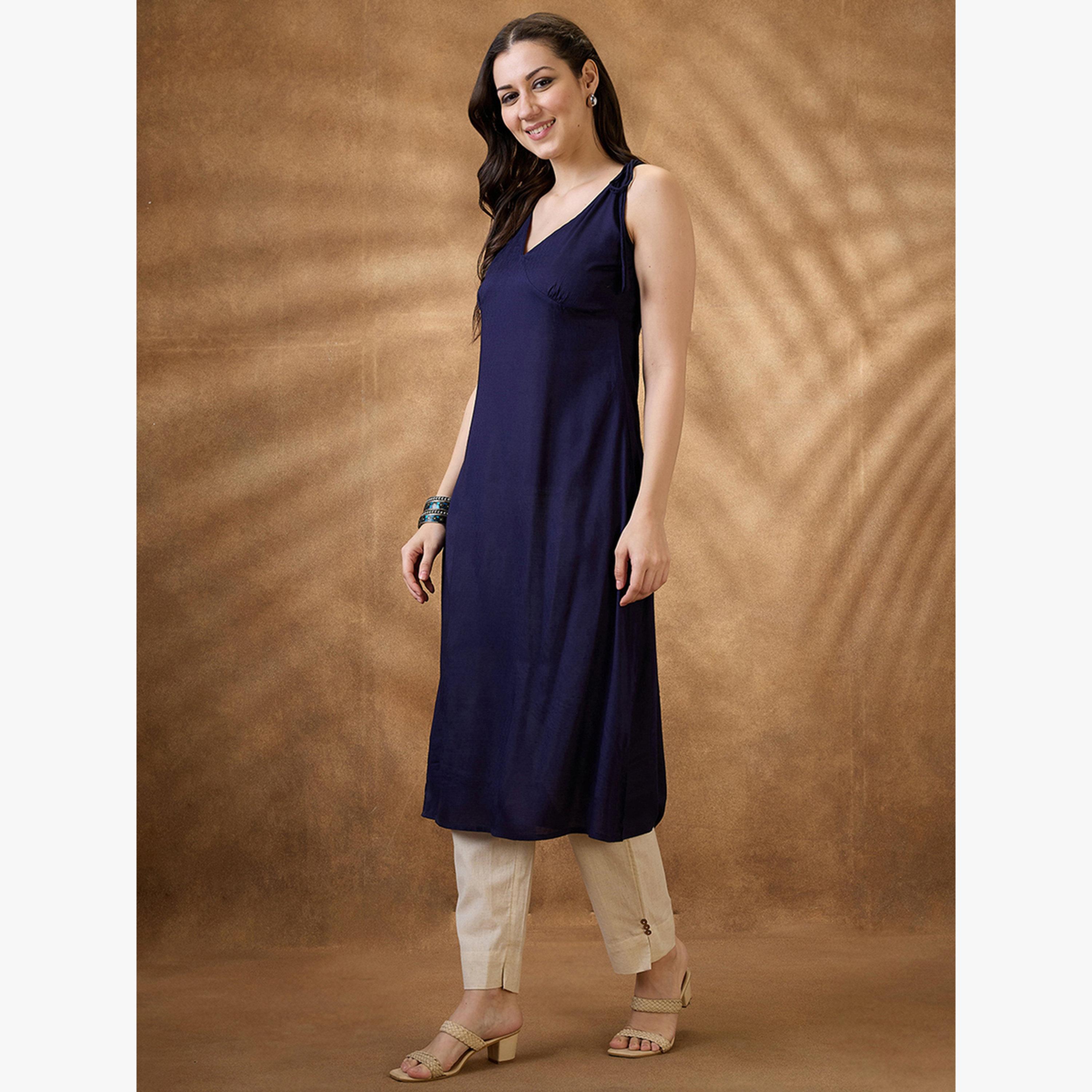 كورتا فيوجن بحافة واسعة بياقة هولتر بنسيج محبوك-women-clothing-ethnicwear-kurtas-image-2