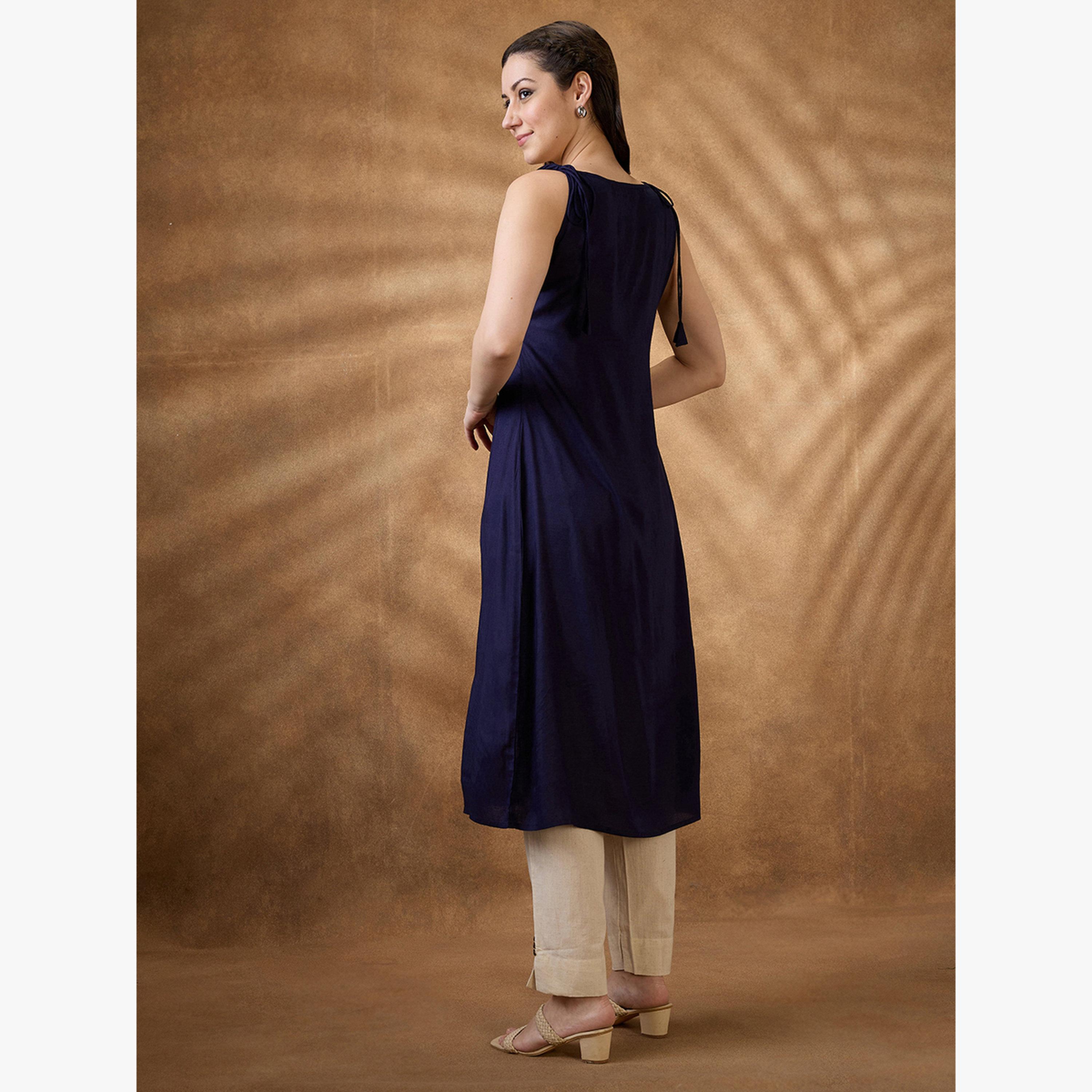 كورتا فيوجن بحافة واسعة بياقة هولتر بنسيج محبوك-women-clothing-ethnicwear-kurtas-image-3