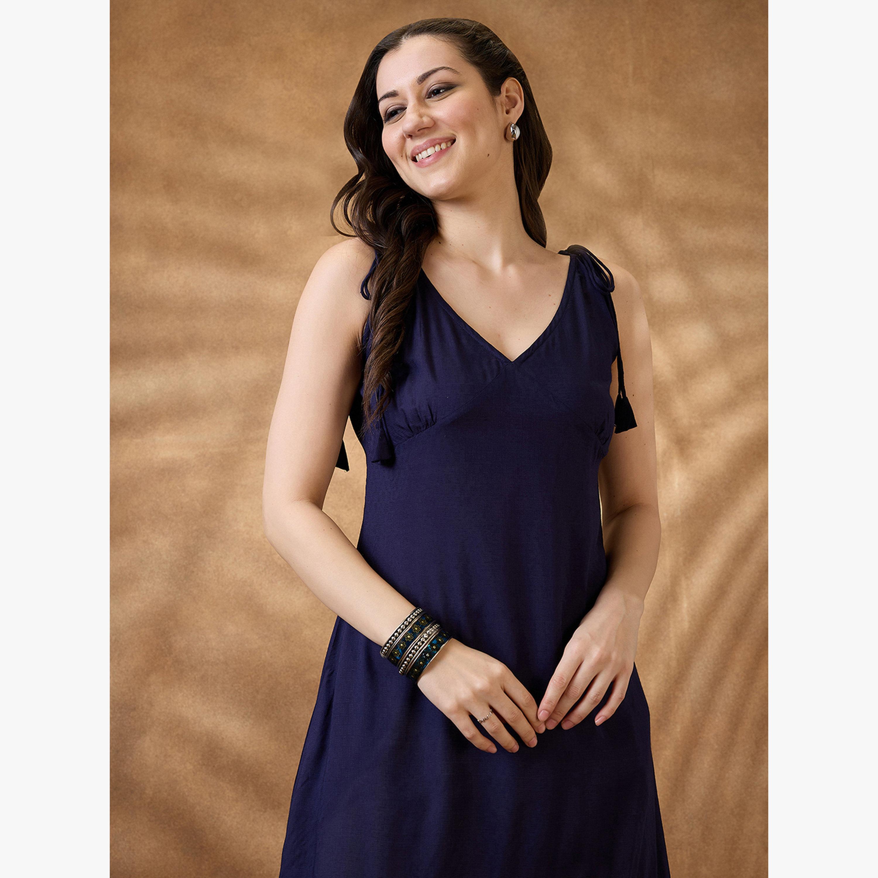 كورتا فيوجن بحافة واسعة بياقة هولتر بنسيج محبوك-women-clothing-ethnicwear-kurtas-image-5