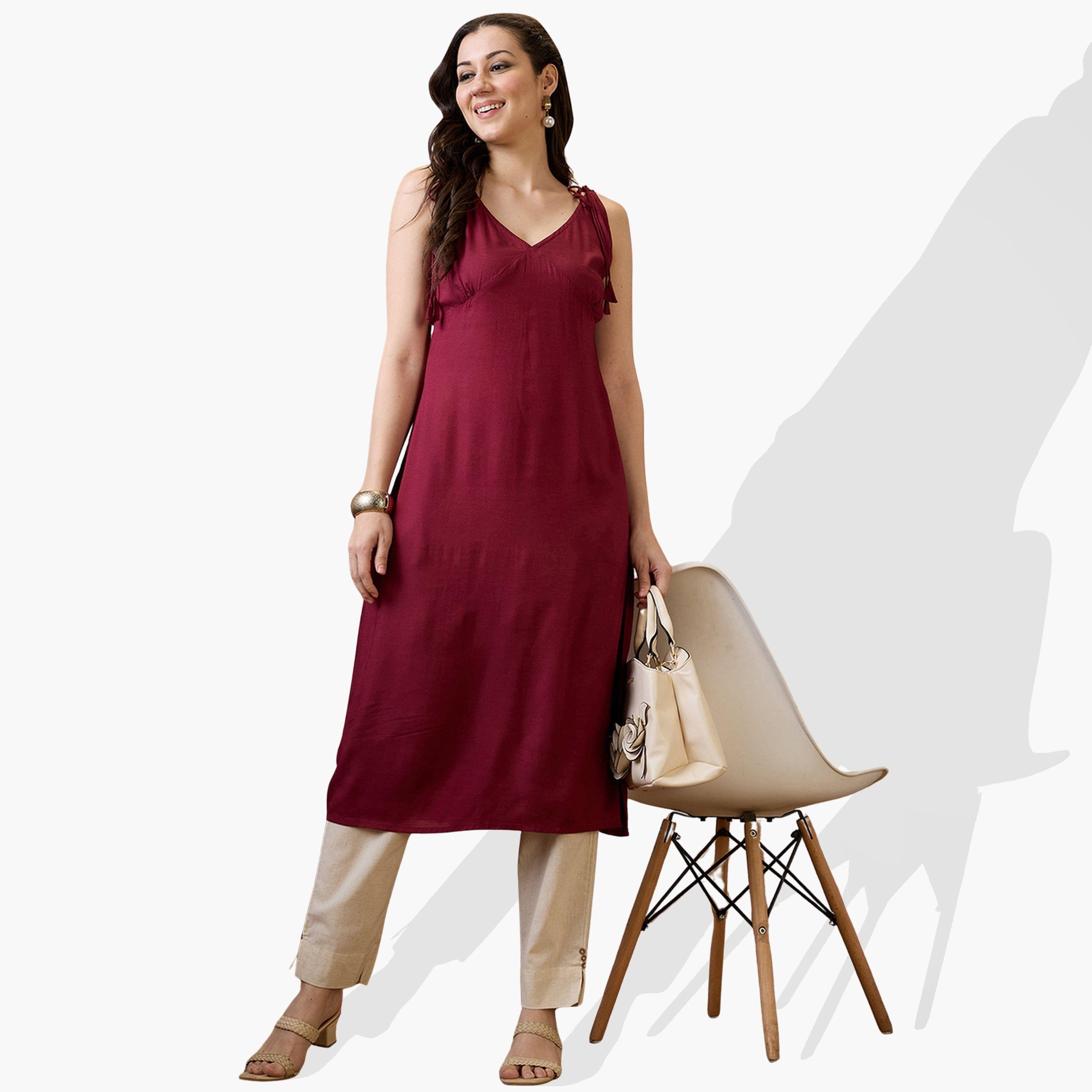 Globus X Styli Woven Design Tie-Up Neck A-Line Fusion Kurta-women-clothing-ethnicwear-kurtas-image-1