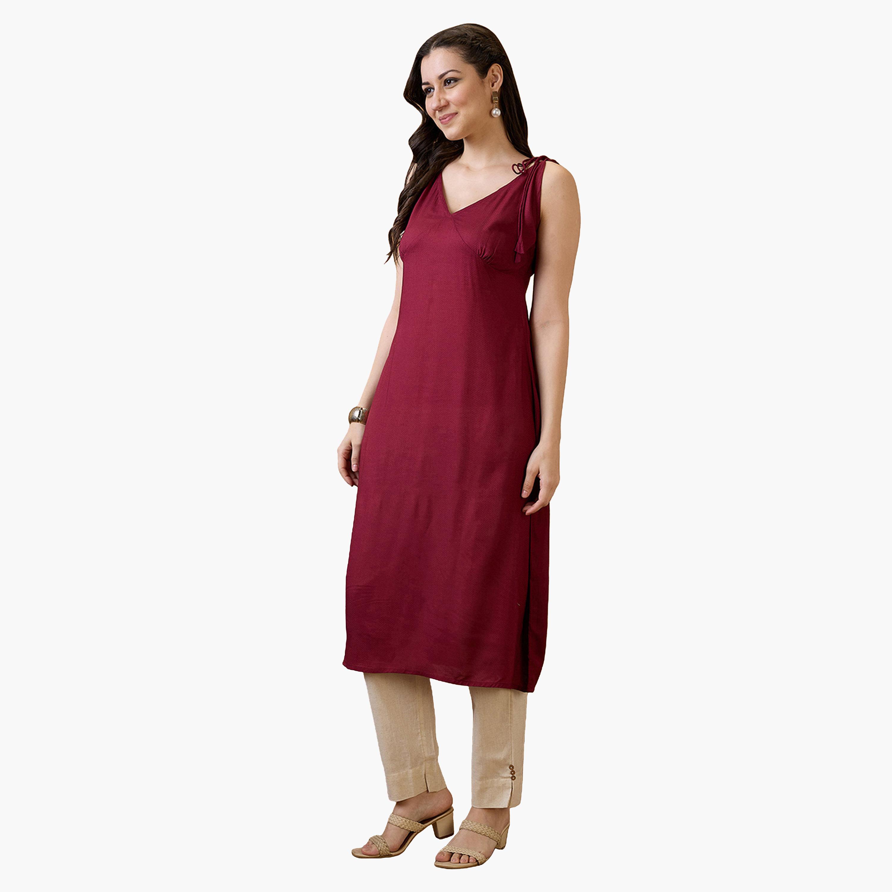كورتا فيوجن بحافة واسعة بياقة هولتر بنسيج محبوك-women-clothing-ethnicwear-kurtas-image-2
