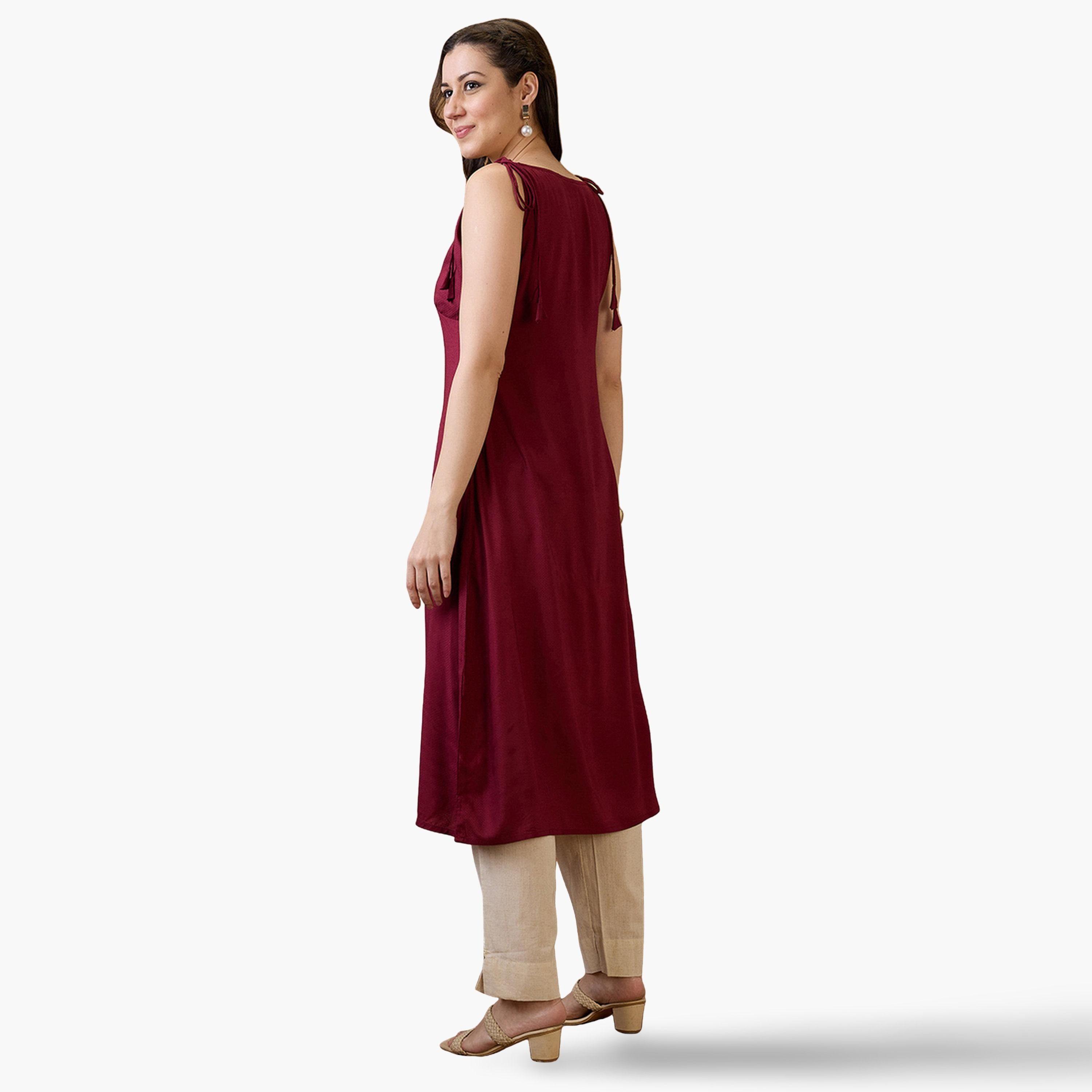 Globus X Styli Woven Design Tie-Up Neck A-Line Fusion Kurta-women-clothing-ethnicwear-kurtas-image-3