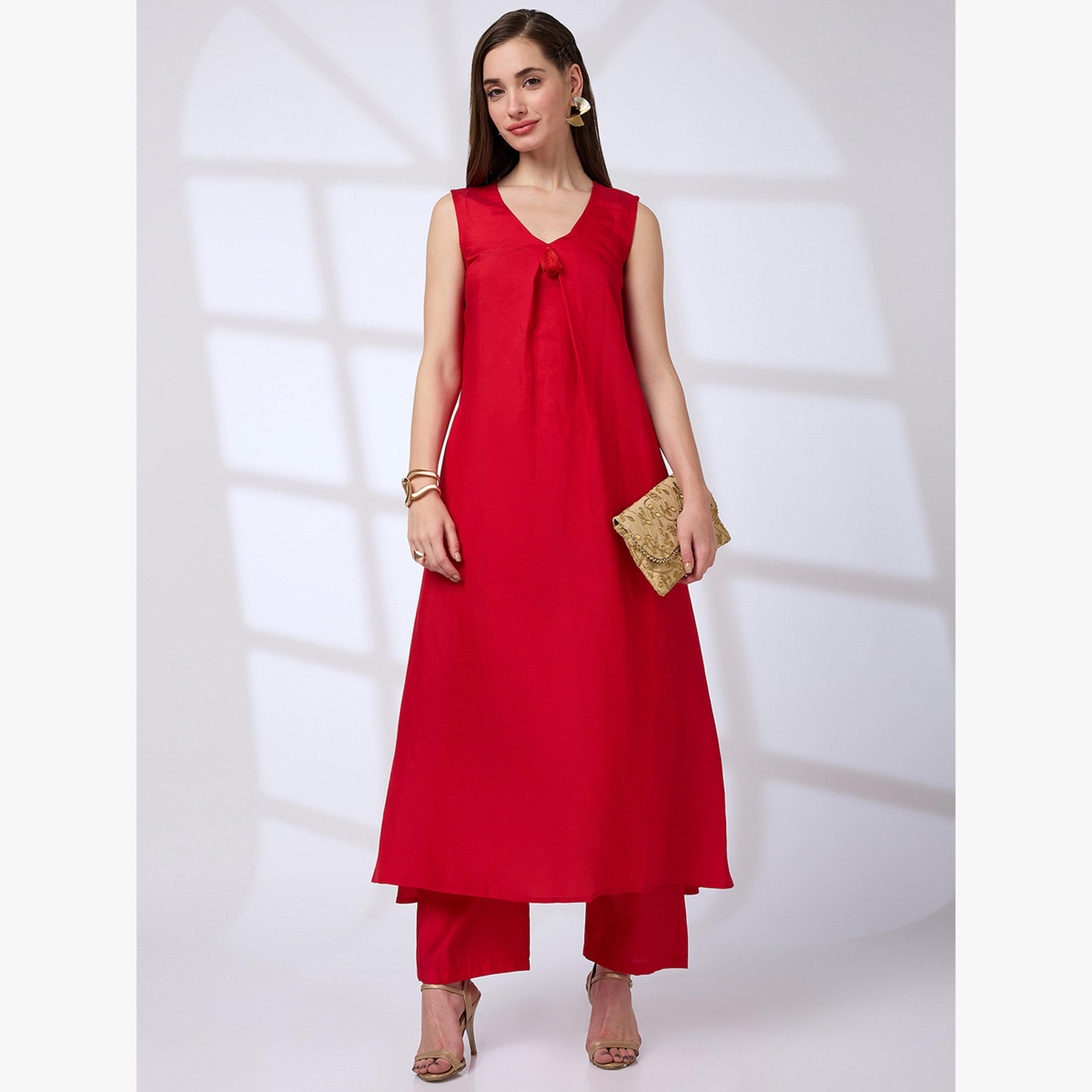 طقم كورتا فيوجن بحافة واسعة مزينة بشراريب مع بنطال مستقيم-women-clothing-ethnicwear-kurtasets-image-1