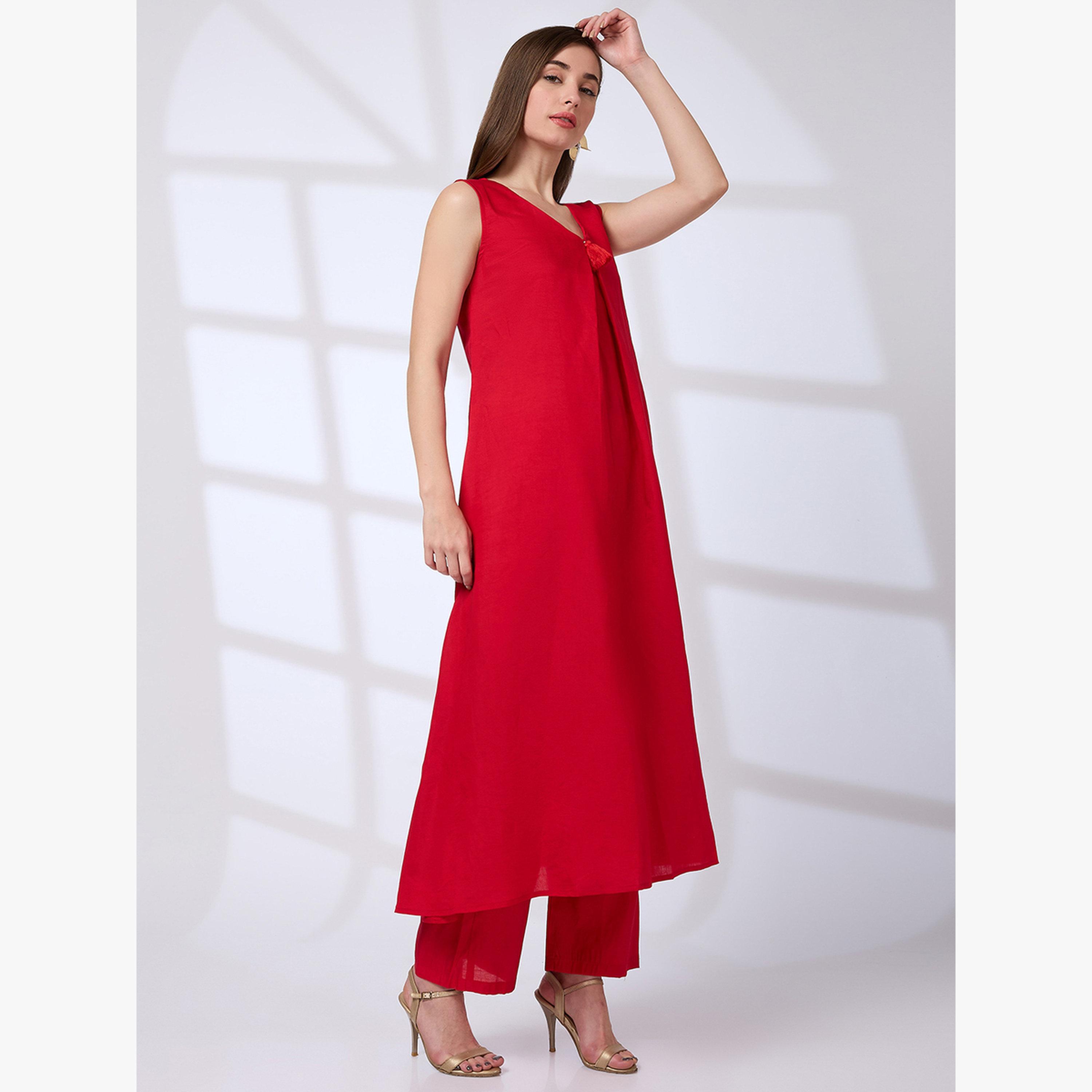 طقم كورتا فيوجن بحافة واسعة مزينة بشراريب مع بنطال مستقيم-women-clothing-ethnicwear-kurtasets-image-2