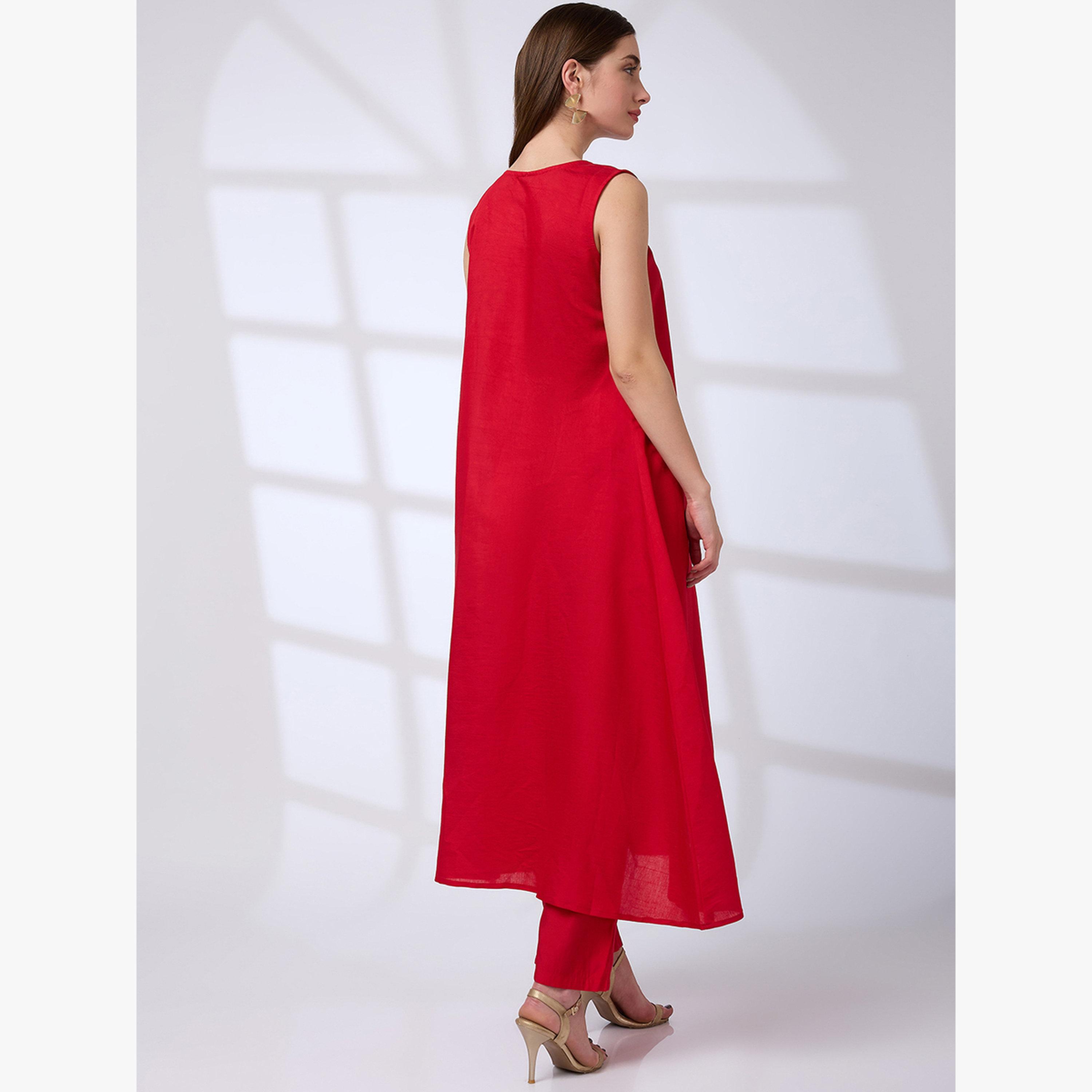 طقم كورتا فيوجن بحافة واسعة مزينة بشراريب مع بنطال مستقيم-women-clothing-ethnicwear-kurtasets-image-3