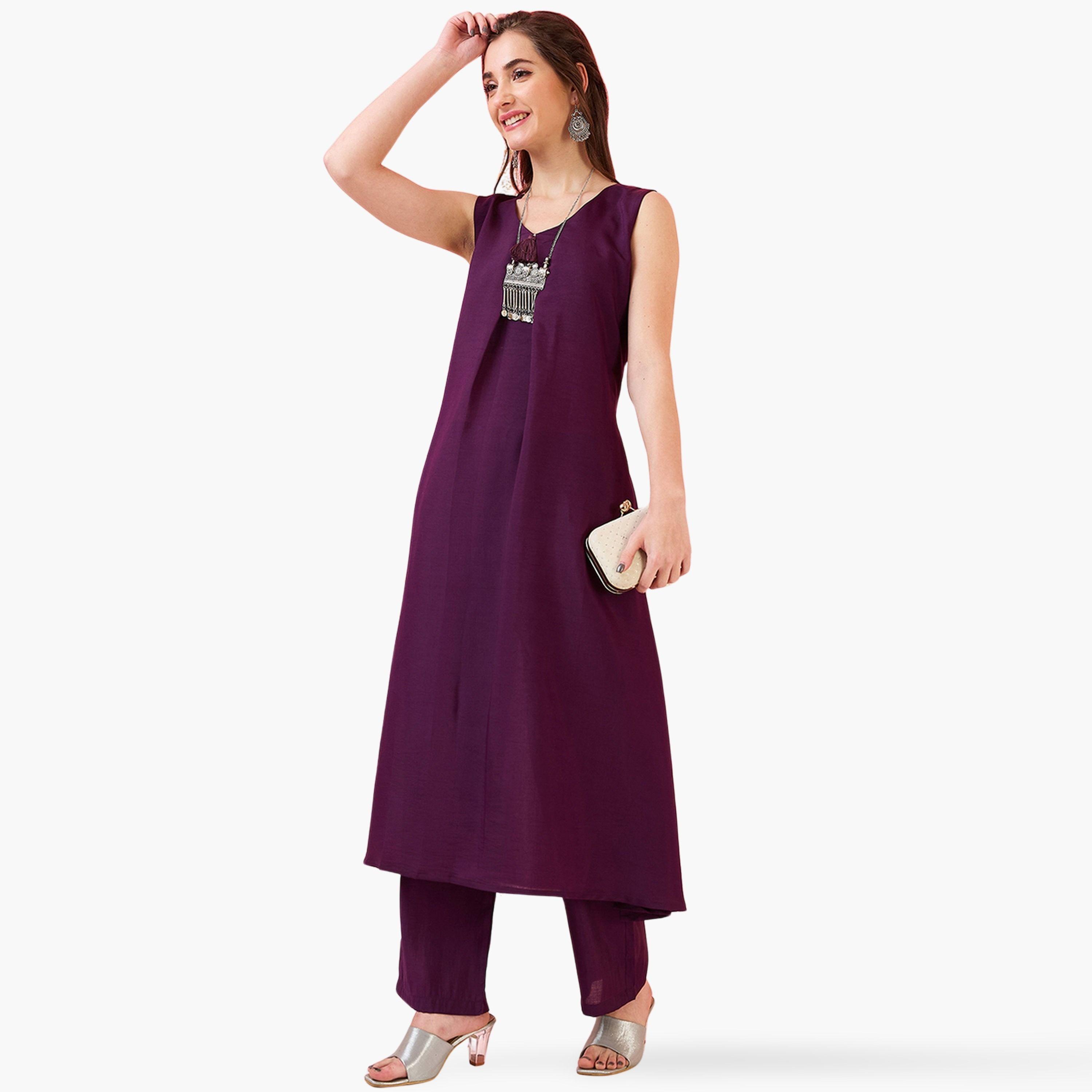 طقم كورتا فيوجن بحافة واسعة مزينة بشراريب مع بنطال مستقيم-women-clothing-ethnicwear-kurtasets-image-1