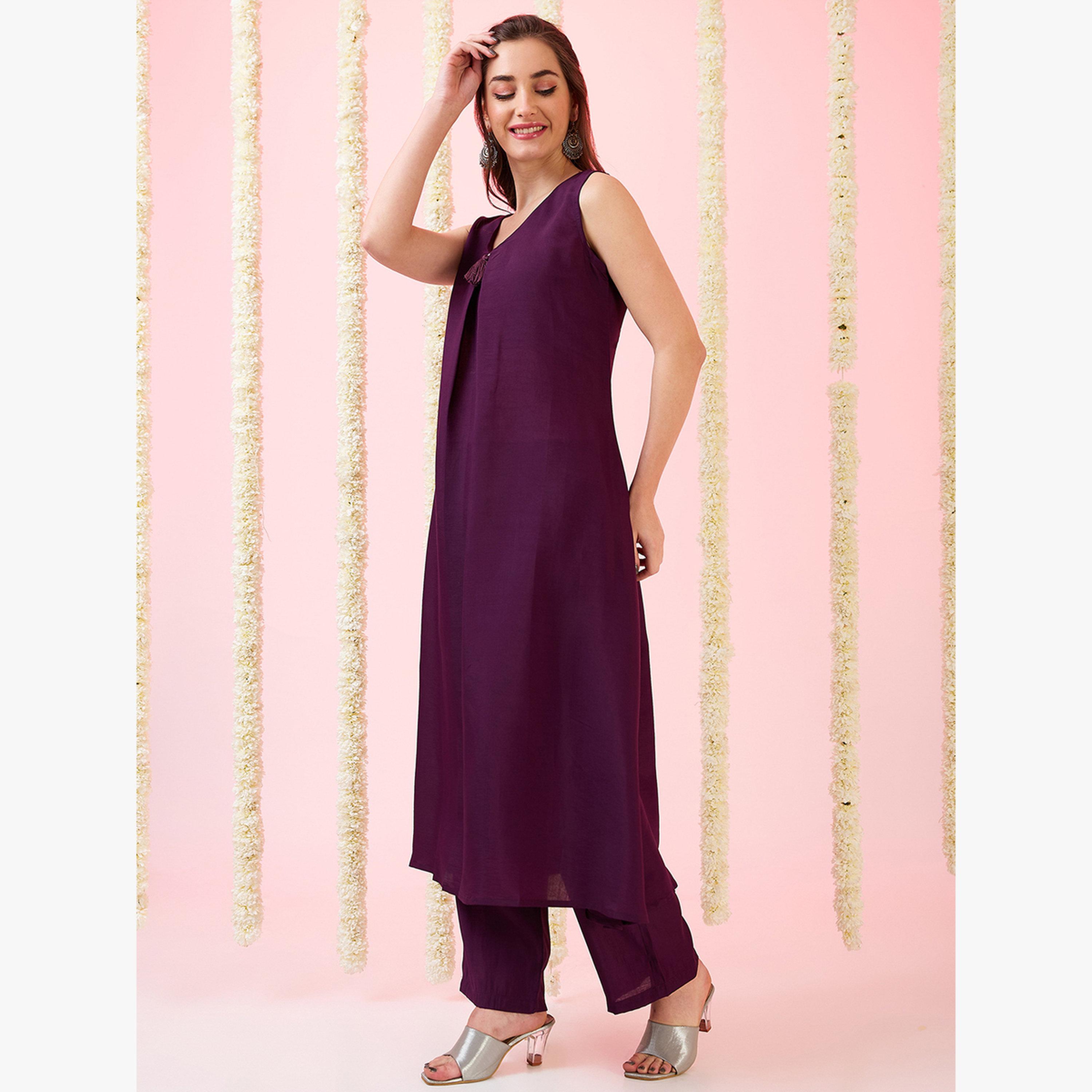 طقم كورتا فيوجن بحافة واسعة مزينة بشراريب مع بنطال مستقيم-women-clothing-ethnicwear-kurtasets-image-2
