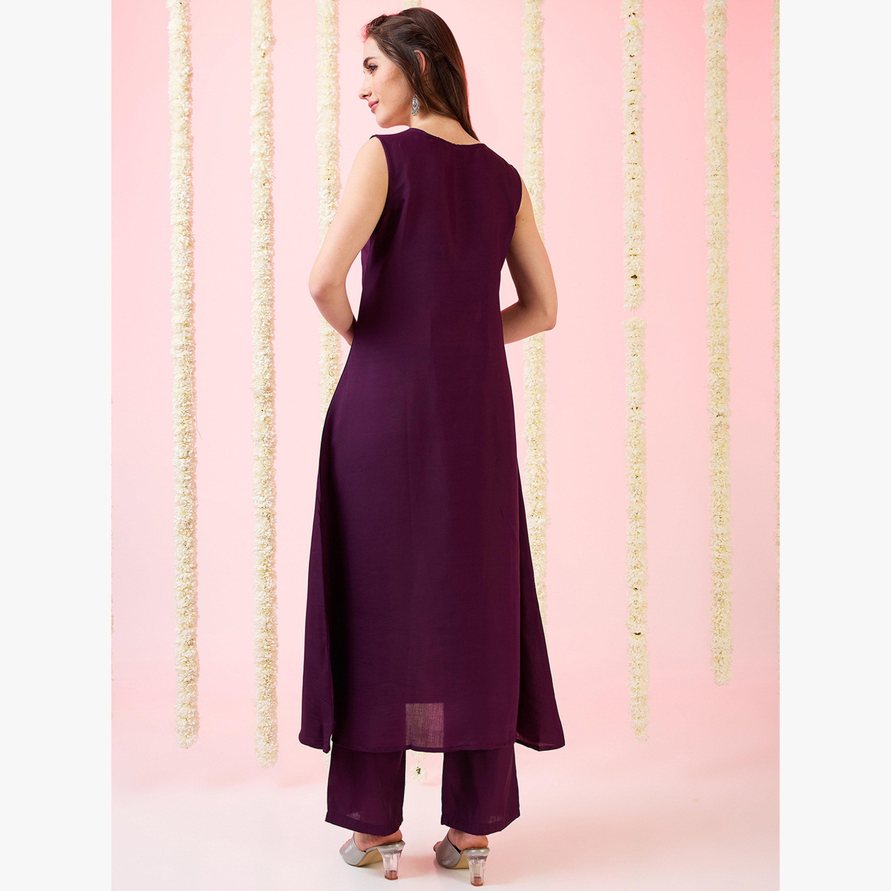 طقم كورتا فيوجن بحافة واسعة مزينة بشراريب مع بنطال مستقيم-women-clothing-ethnicwear-kurtasets-image-3
