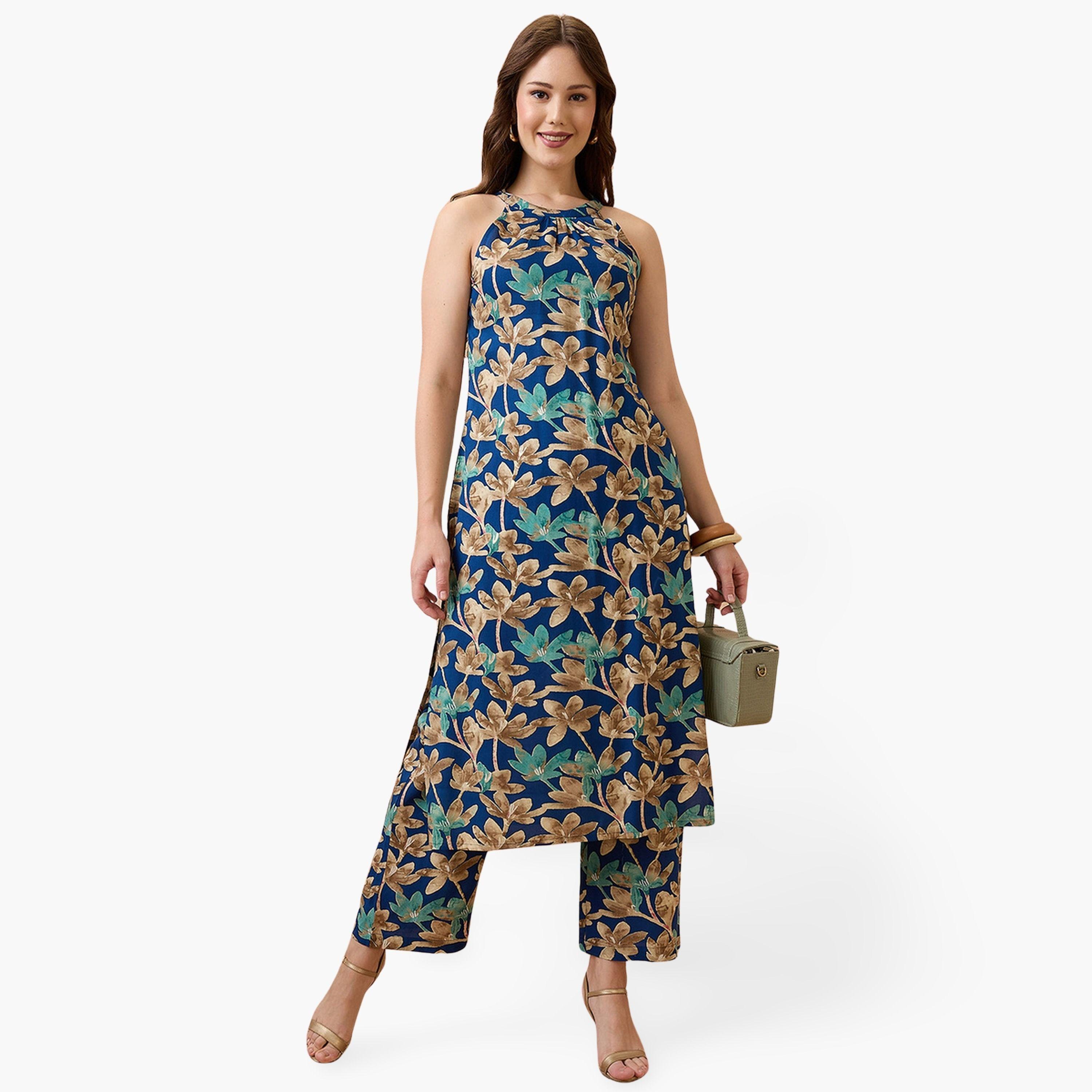 Globus X Styli Floral Print Halter Neck Straight Kurta and Pants Fusion Set-women-clothing-ethnicwear-kurtasets-image-1