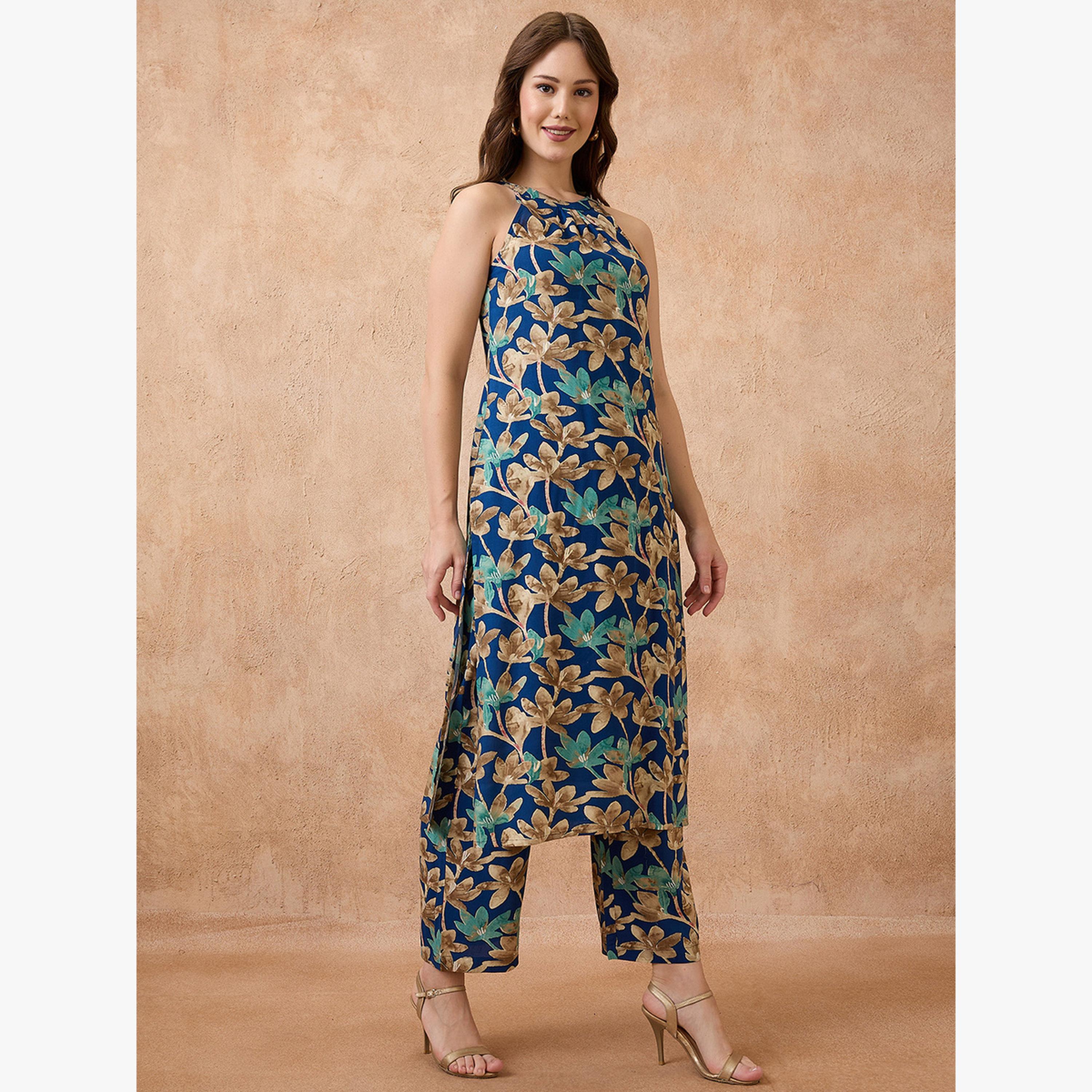 Globus X Styli Floral Print Halter Neck Straight Kurta and Pants Fusion Set-women-clothing-ethnicwear-kurtasets-image-2