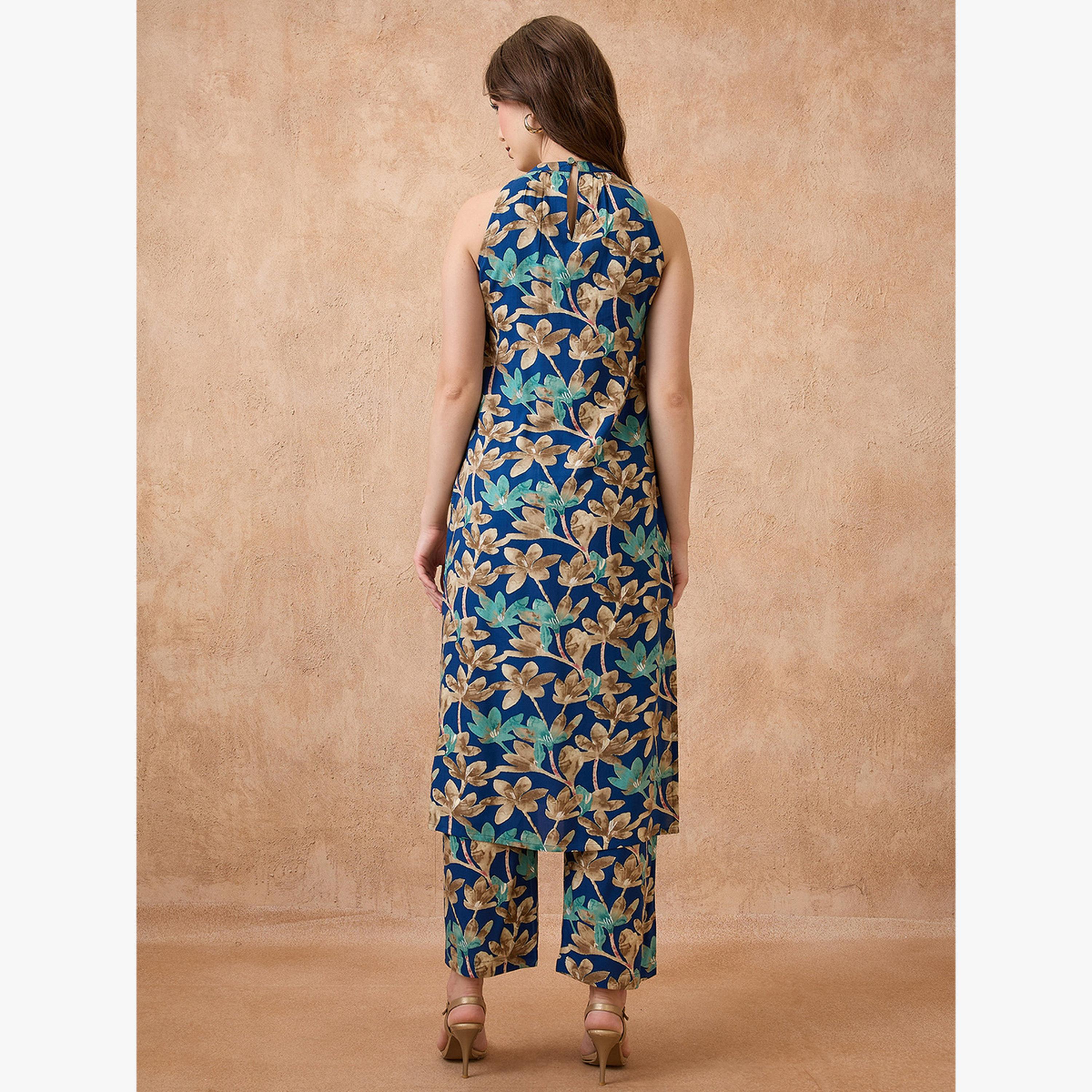 طقم كورتا فيوجن مستقيمة بطبعة زهور وياقة مربوطة مع بنطال-women-clothing-ethnicwear-kurtasets-image-3