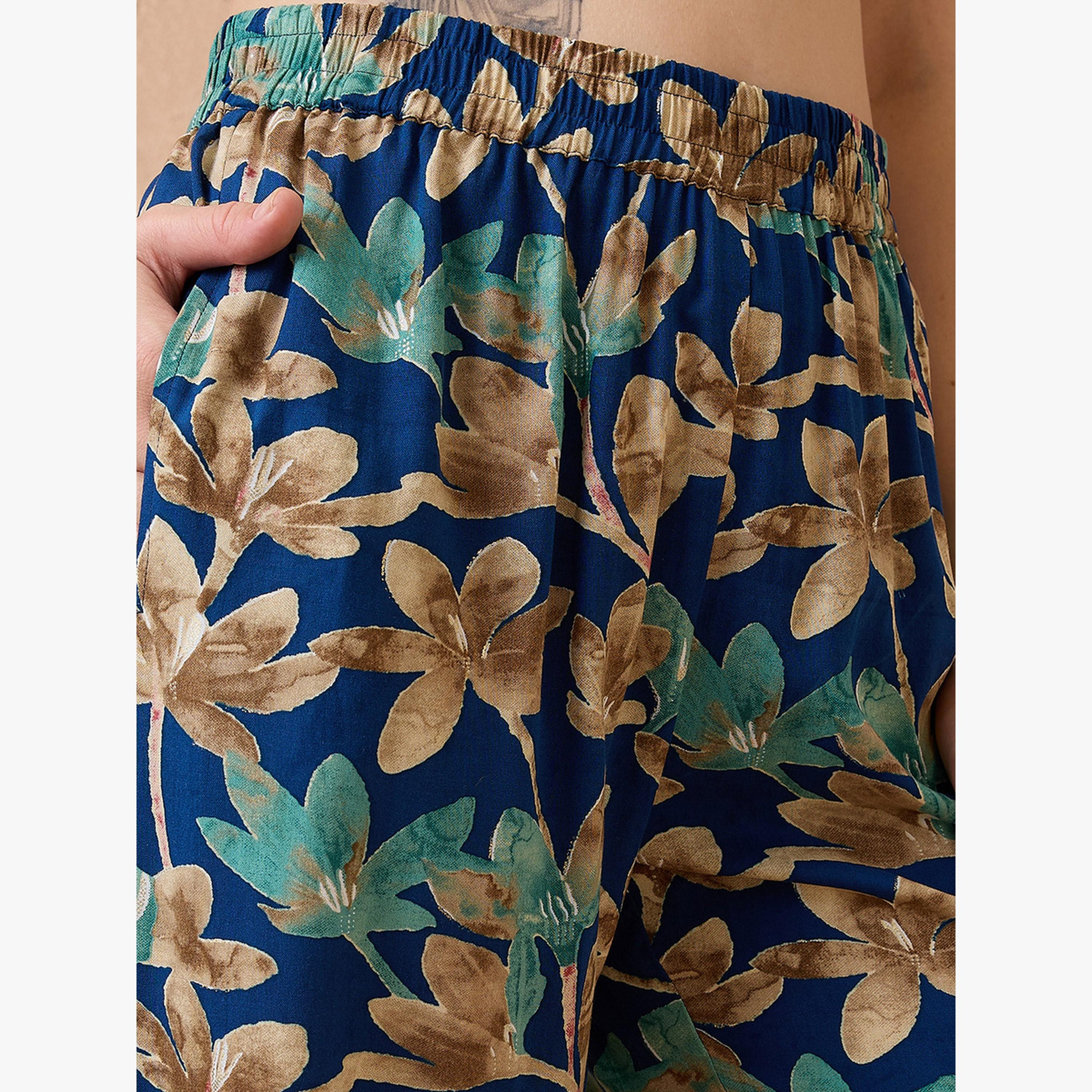 طقم كورتا فيوجن مستقيمة بطبعة زهور وياقة مربوطة مع بنطال-women-clothing-ethnicwear-kurtasets-image-5