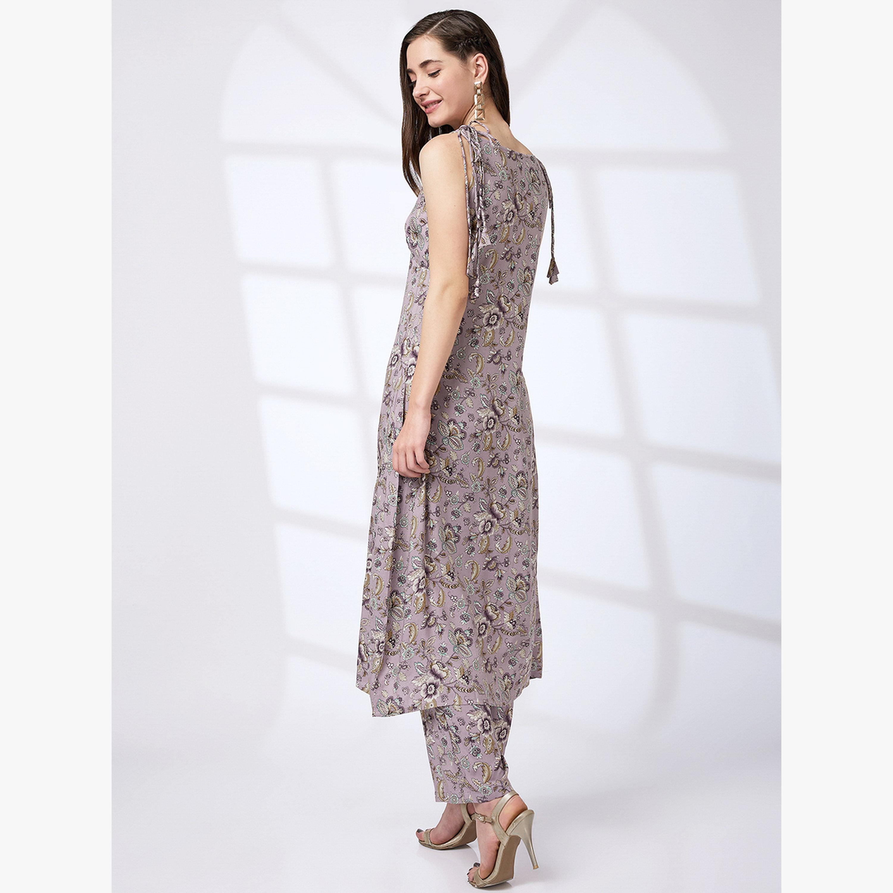 طقم كورتا للعمل بحافة واسعة بحمالات مربوطة مع بنطال-women-clothing-ethnicwear-kurtasets-image-3