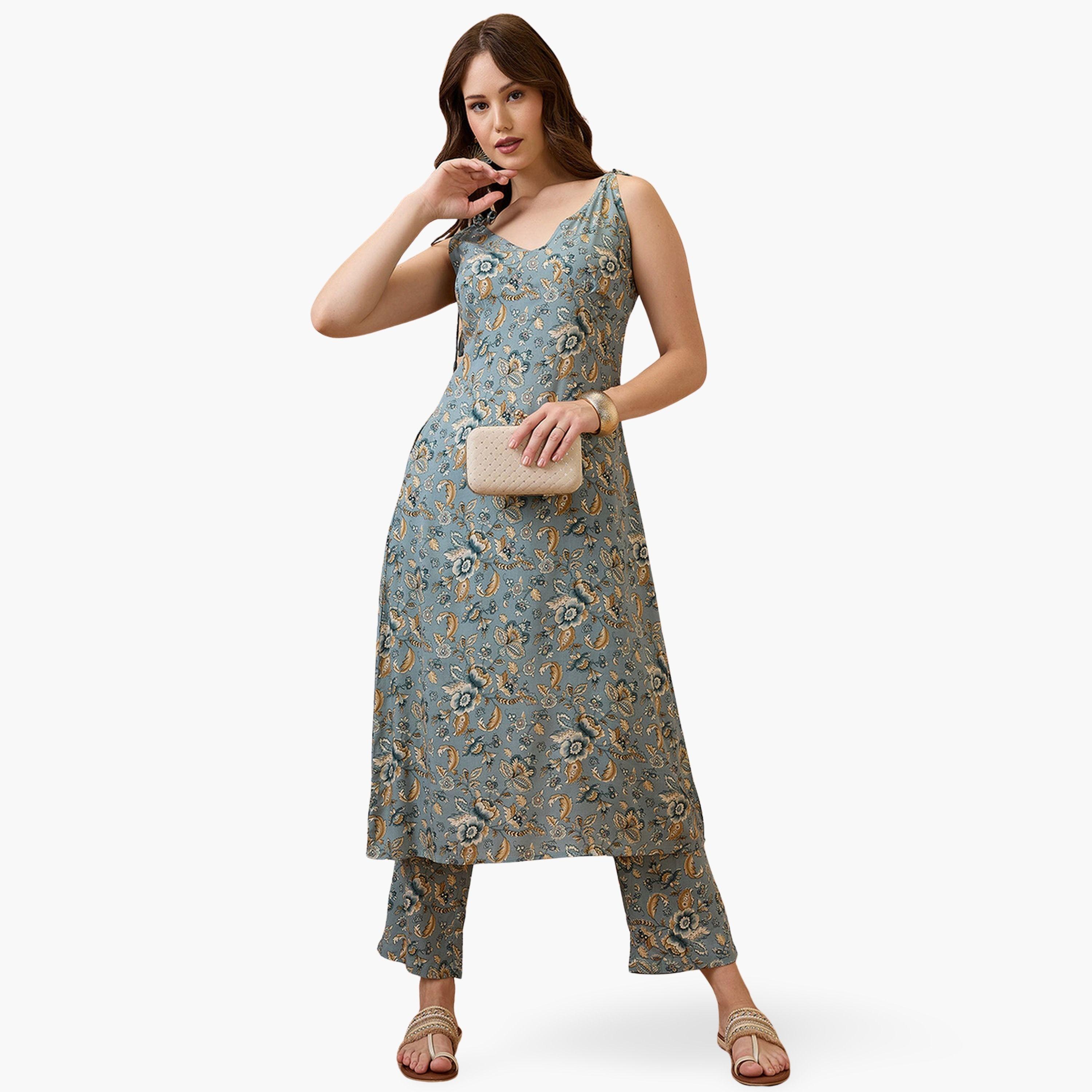طقم كورتا فيوجن بطبعة زهور وأكمام مربوطة مع بنطال مستقيم-women-clothing-ethnicwear-kurtasets-image-1