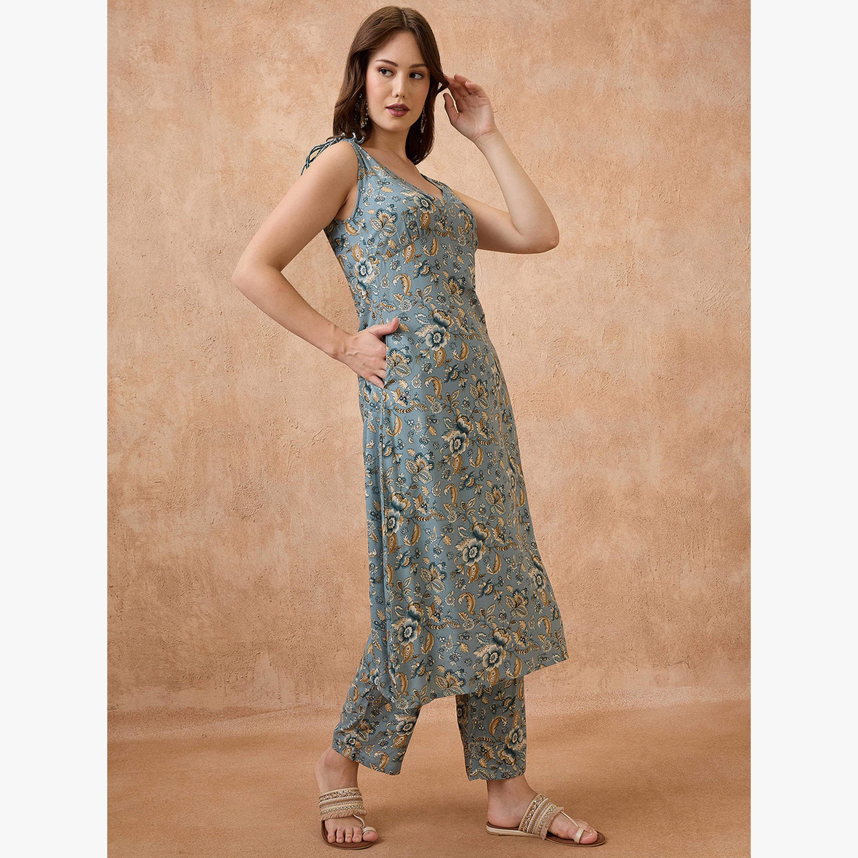 طقم كورتا فيوجن بطبعة زهور وأكمام مربوطة مع بنطال مستقيم-women-clothing-ethnicwear-kurtasets-image-2
