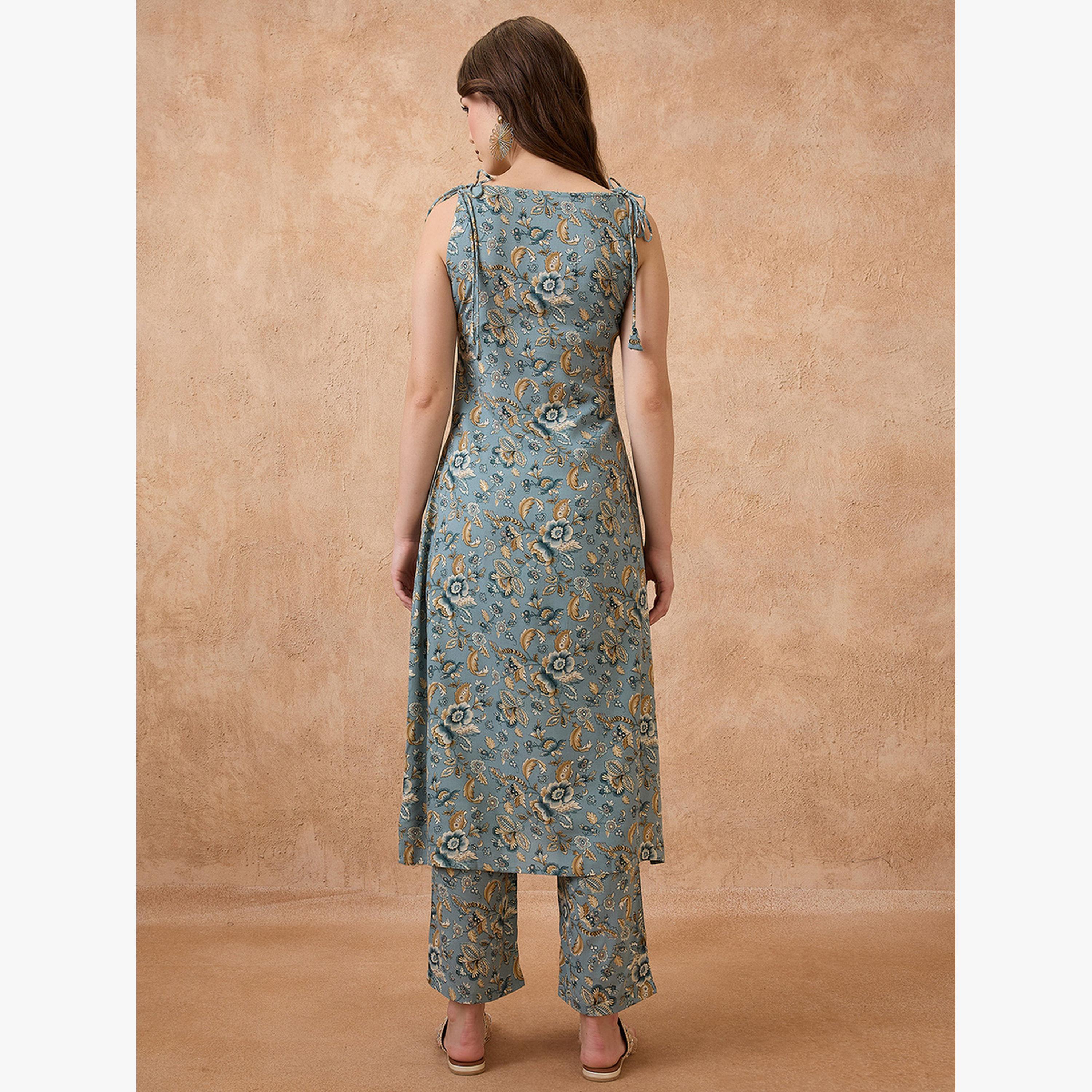 طقم كورتا فيوجن بطبعة زهور وأكمام مربوطة مع بنطال مستقيم-women-clothing-ethnicwear-kurtasets-image-3