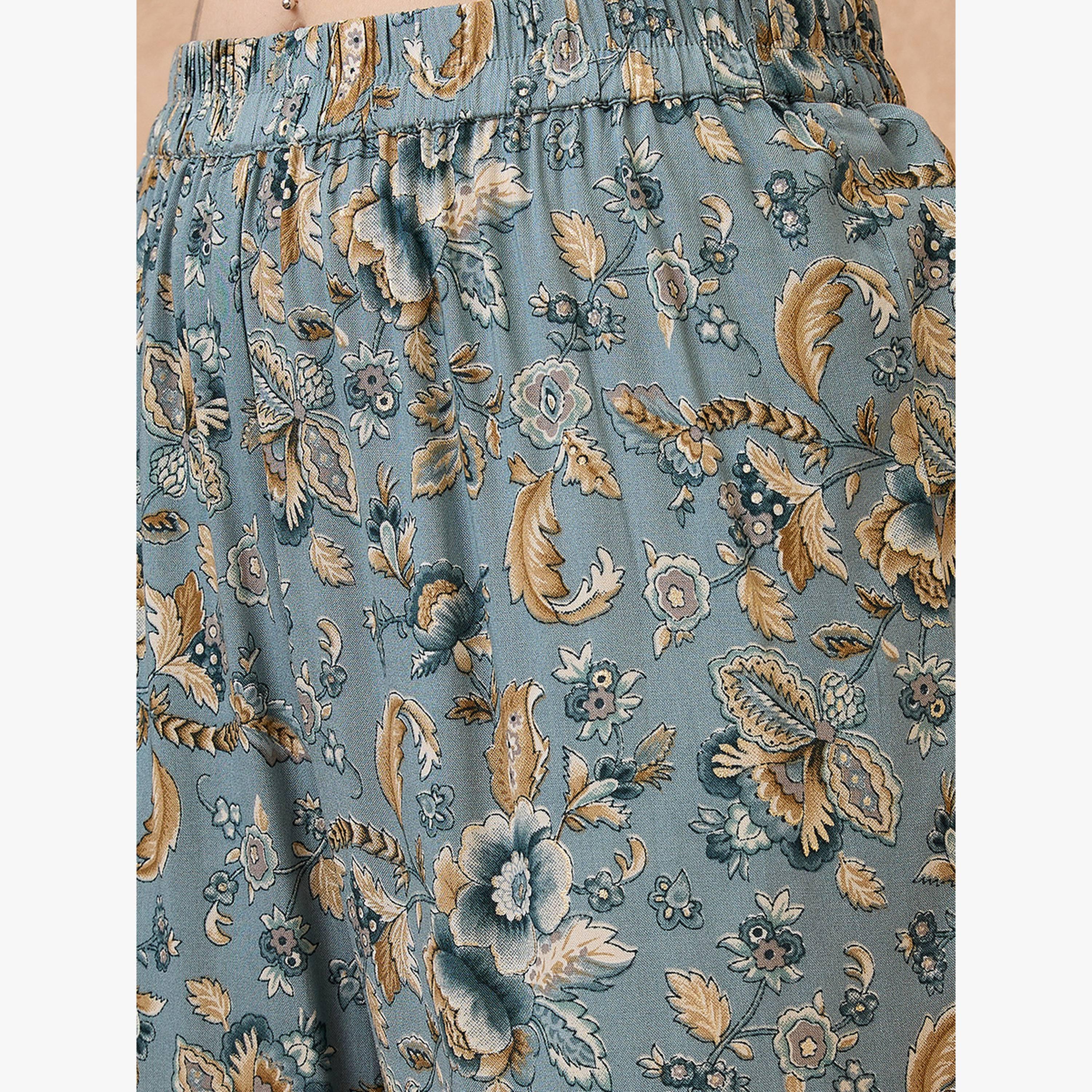 طقم كورتا فيوجن بطبعة زهور وأكمام مربوطة مع بنطال مستقيم-women-clothing-ethnicwear-kurtasets-image-5