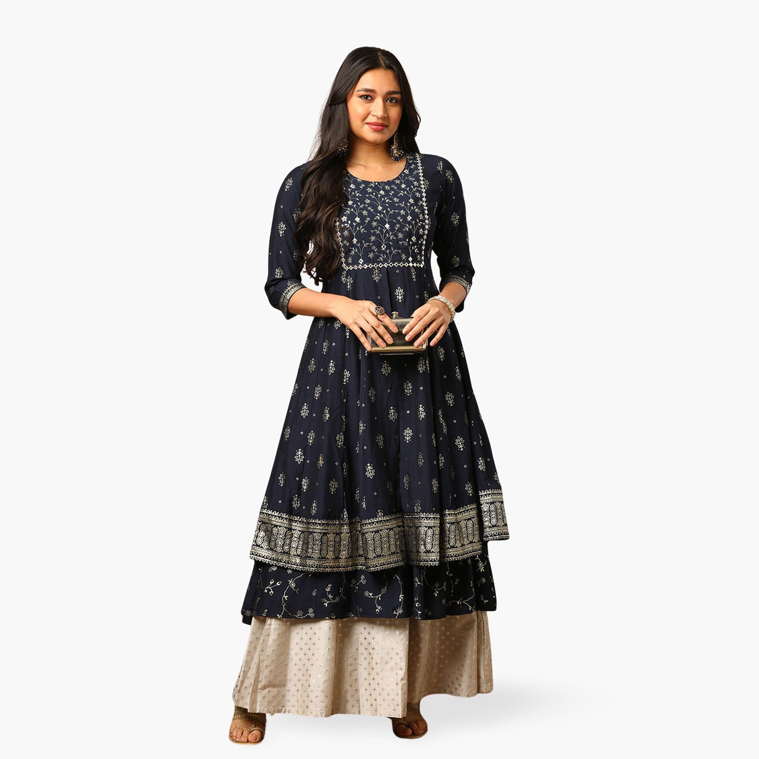 كورتا أناركلي بطبقات مزينة بتطريز وترتر بطبعة جال ذهبية-women-clothing-ethnicwear-kurtas-image-1