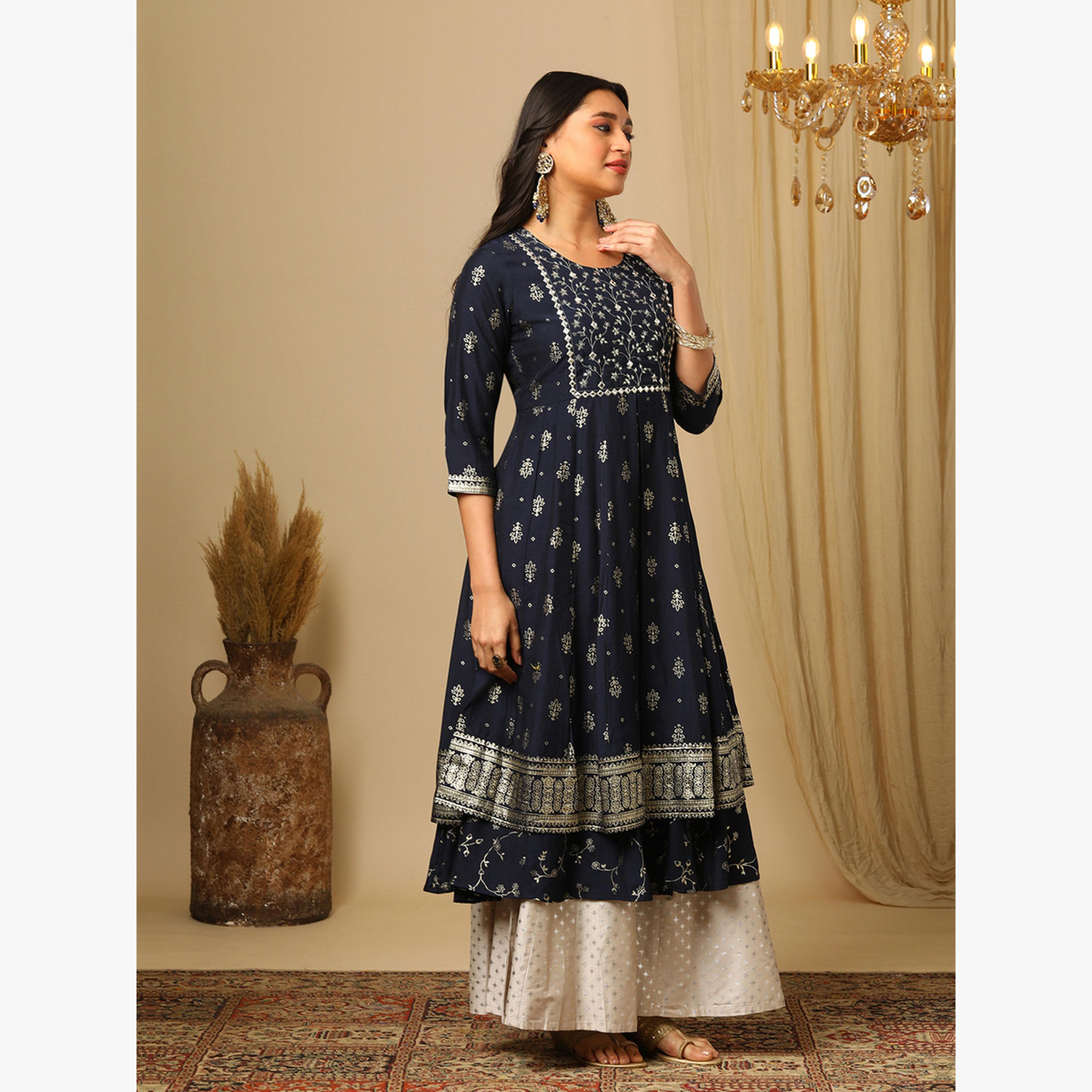Globus X Styli Embroidered Sequined Yoke Foil Jaal Print Layered Anarakali Kurta-women-clothing-ethnicwear-kurtas-image-2