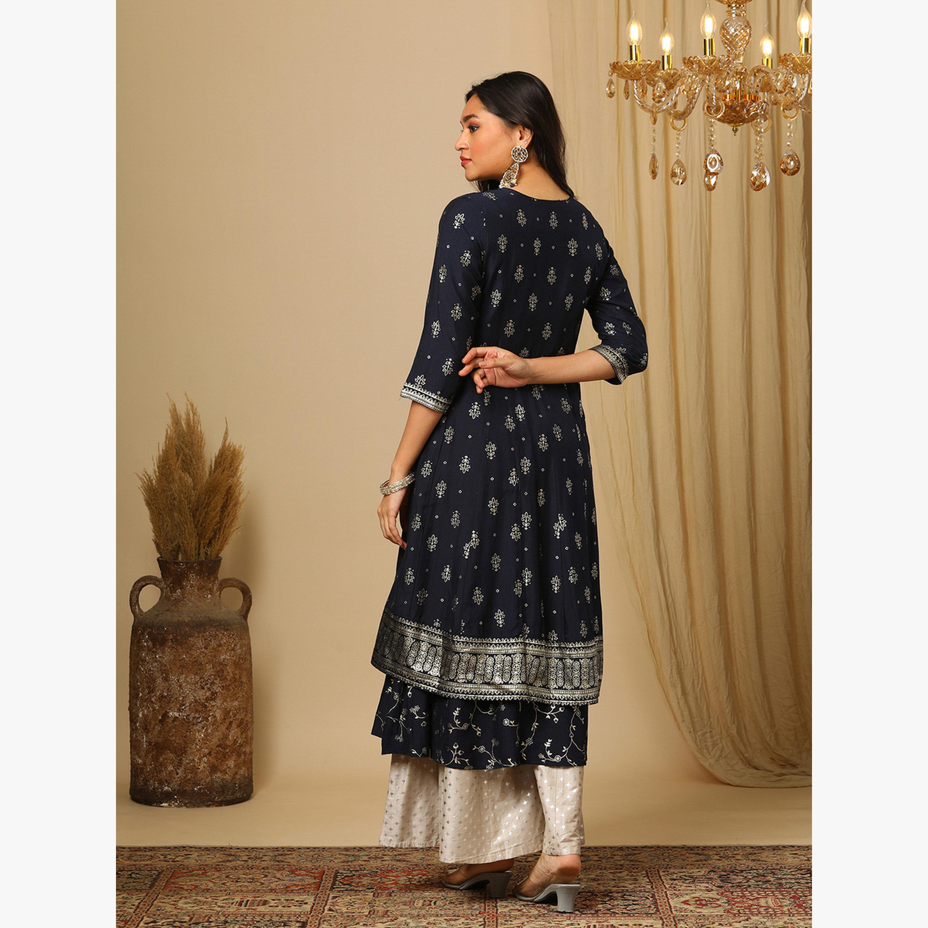 كورتا أناركلي بطبقات مزينة بتطريز وترتر بطبعة جال ذهبية-women-clothing-ethnicwear-kurtas-image-3