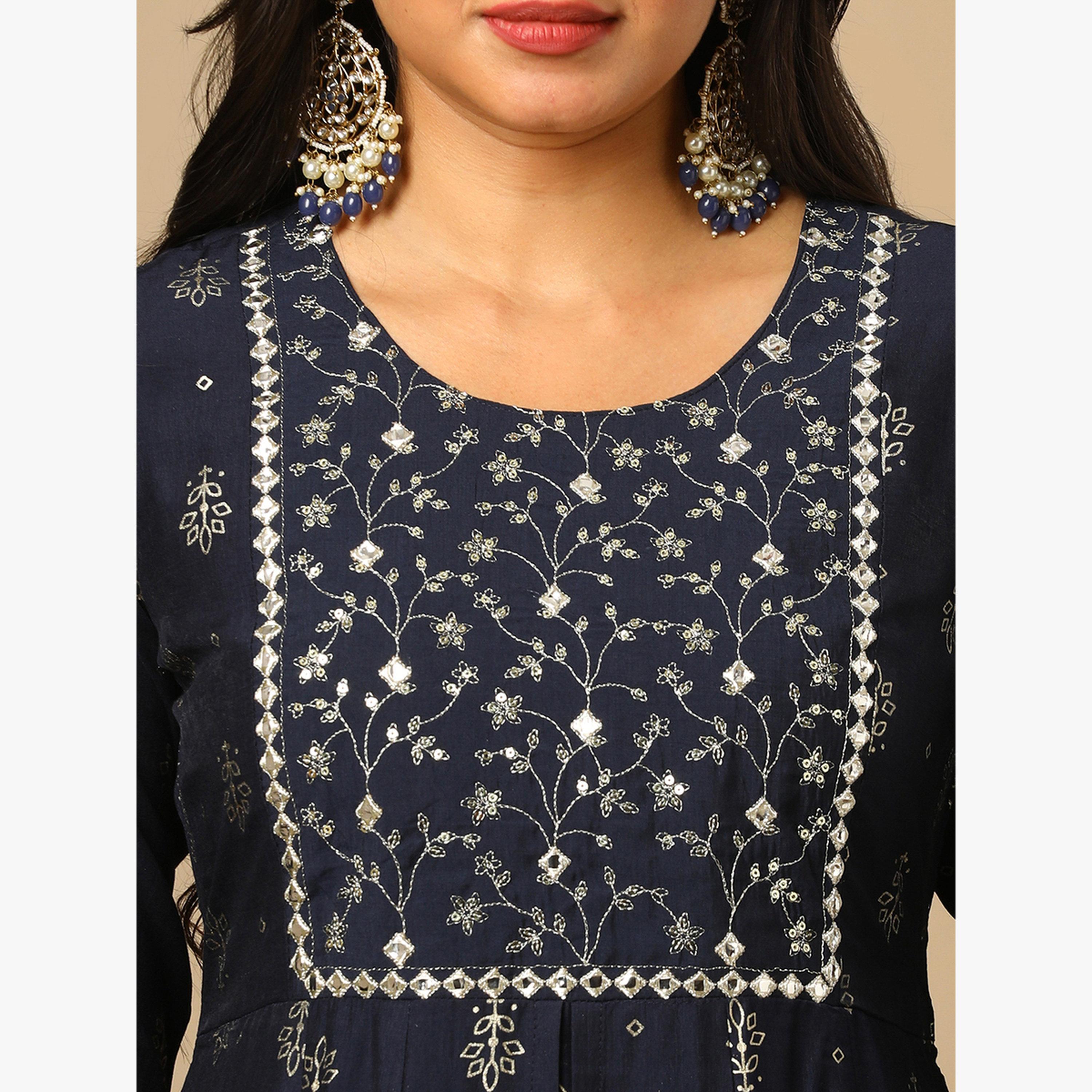 كورتا أناركلي بطبقات مزينة بتطريز وترتر بطبعة جال ذهبية-women-clothing-ethnicwear-kurtas-image-4
