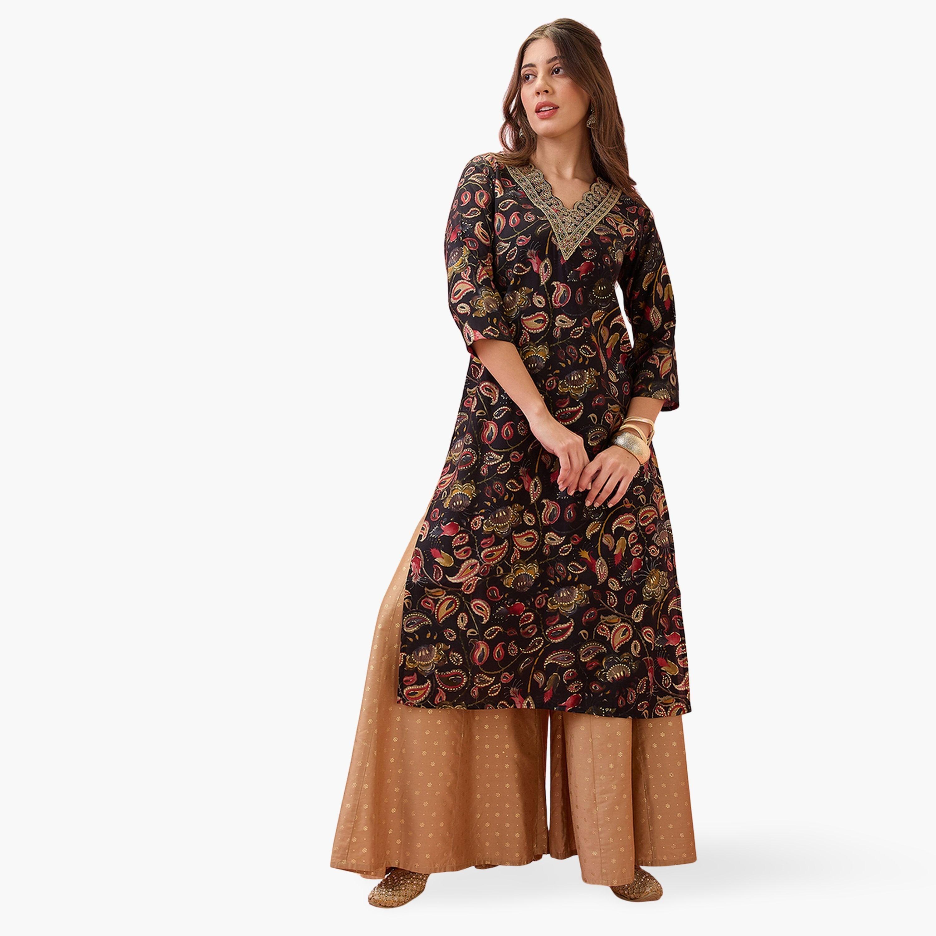 Globus X Styli Embroidered Gold Foil Paisley Print Chanderi Festive Kurta-women-clothing-ethnicwear-kurtas-image-1