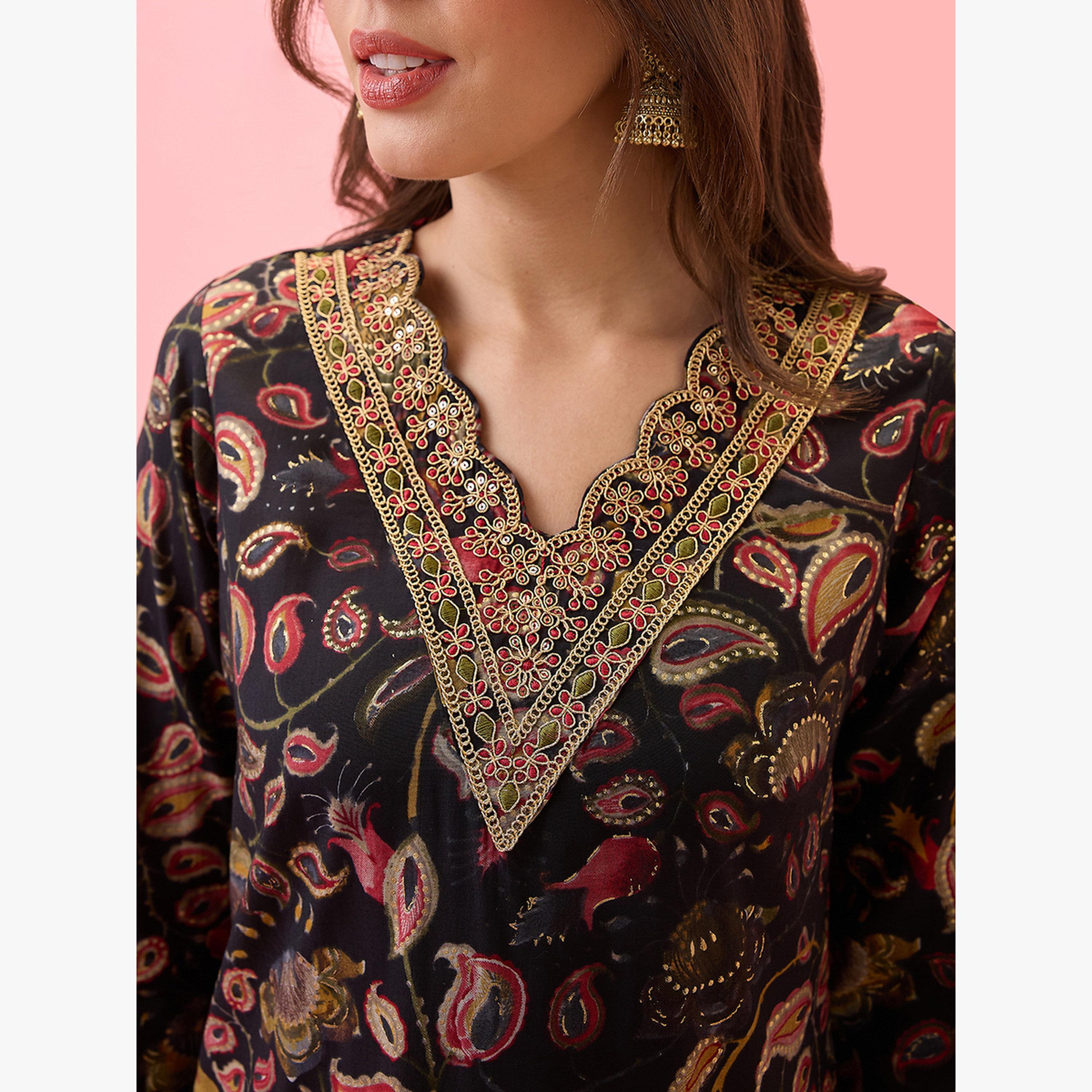 Globus X Styli Embroidered Gold Foil Paisley Print Chanderi Festive Kurta-women-clothing-ethnicwear-kurtas-image-4