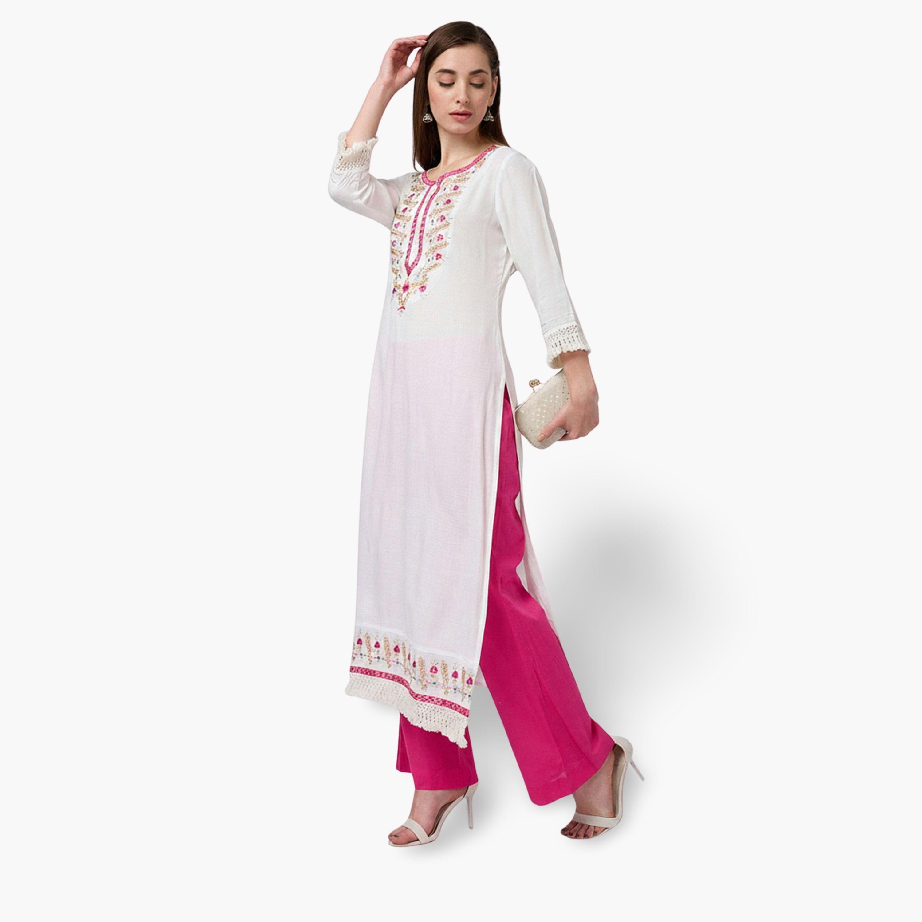 كورتا مستقيمة احتفالية مطرزة بالزهور وتفصيلة كروشيه عند الصدر-women-clothing-ethnicwear-kurtas-image-1