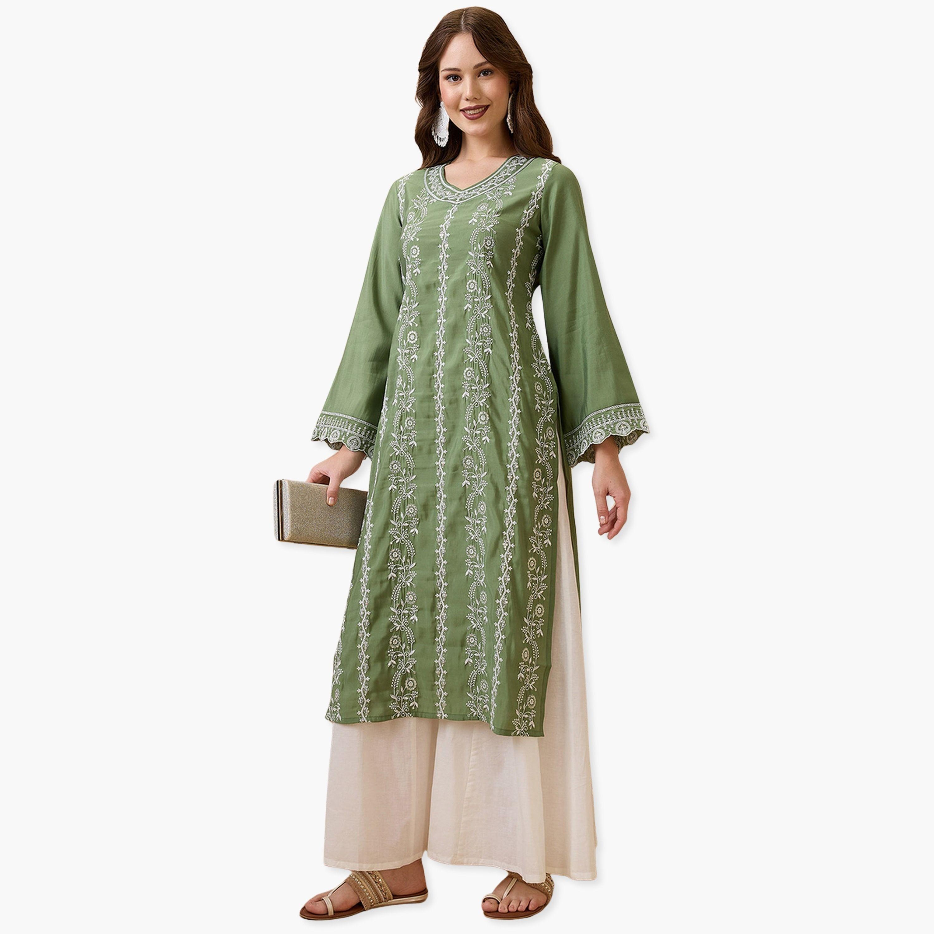 كورتا مستقيمة احتفالية مطرزة بالزهور وأكمام جرسية بحافة متموجة-women-clothing-ethnicwear-kurtas-image-1